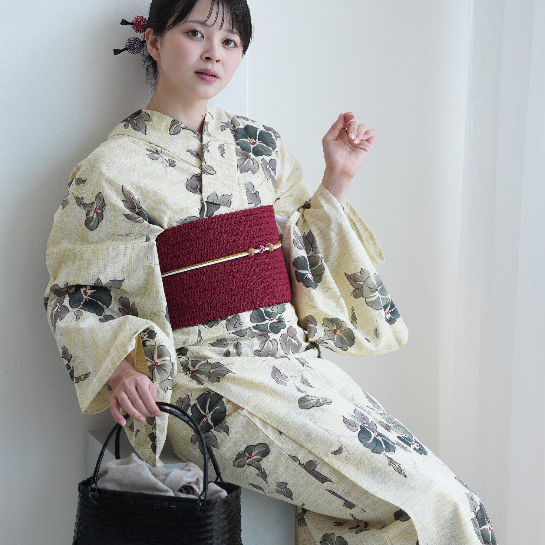 お任せの下駄+お任せの帯締つき◆◆utataneブランド浴衣◆和歌山染め utatane 浴衣 レディース セット 綿麻 高級変わり織 先染めベージュ