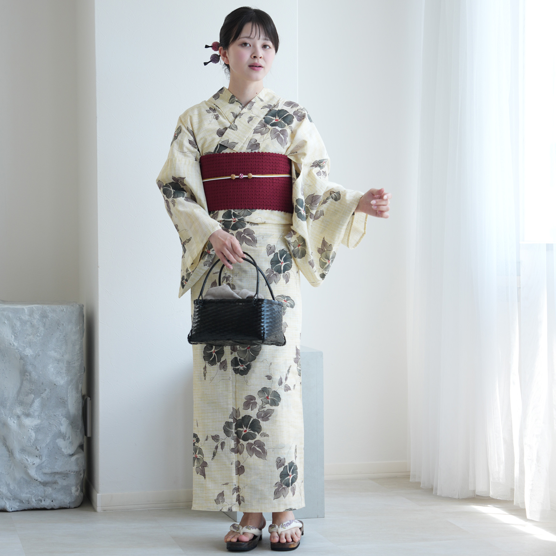utatane 浴衣 レディース セット 綿麻 高級変わり織 先染めベージュ