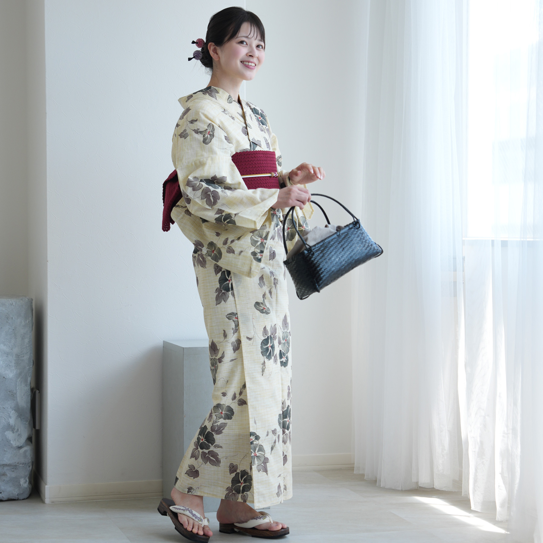 utatane 浴衣 レディース セット 綿麻 高級変わり織 先染めベージュ