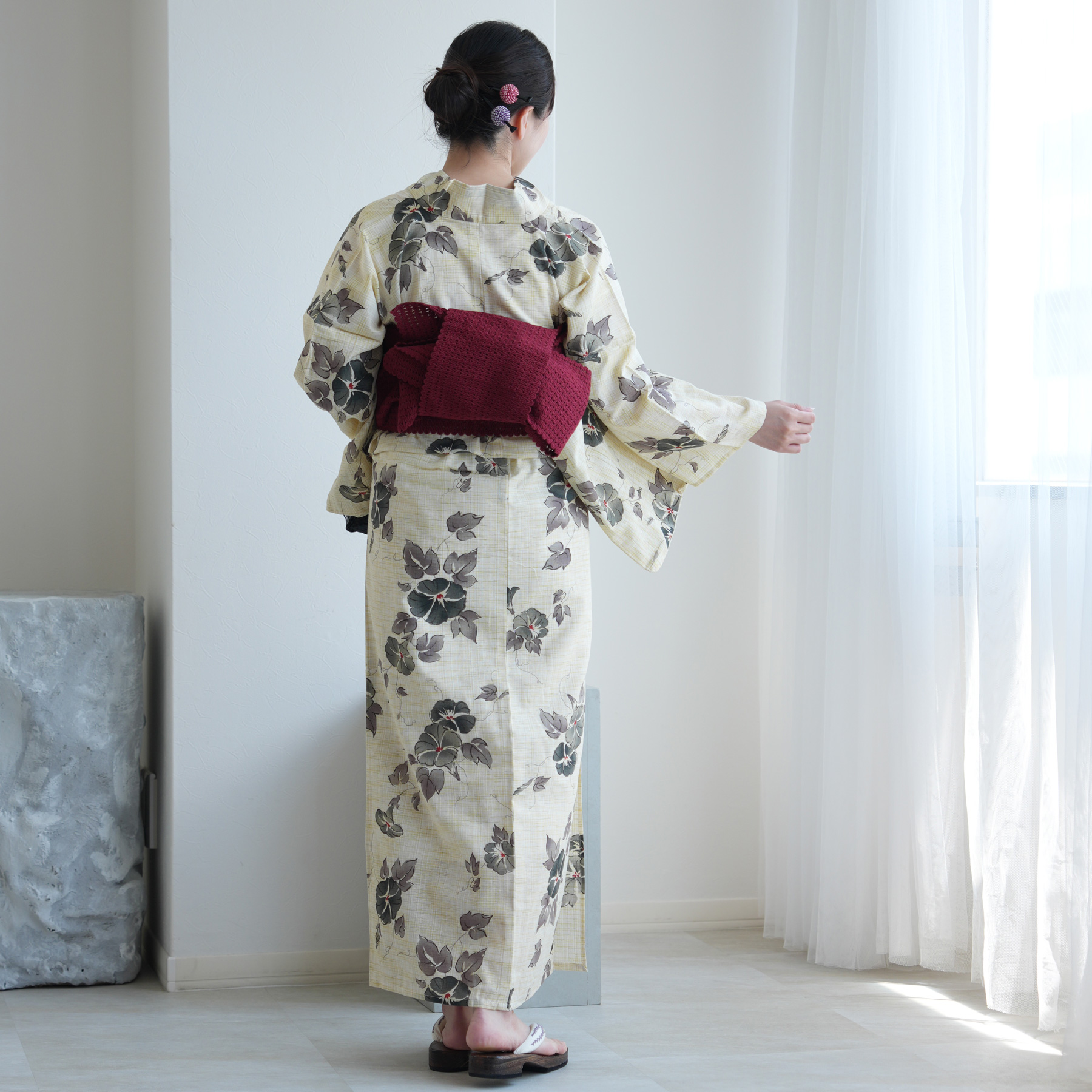 utatane 浴衣 レディース セット 綿麻 高級変わり織 先染めベージュ