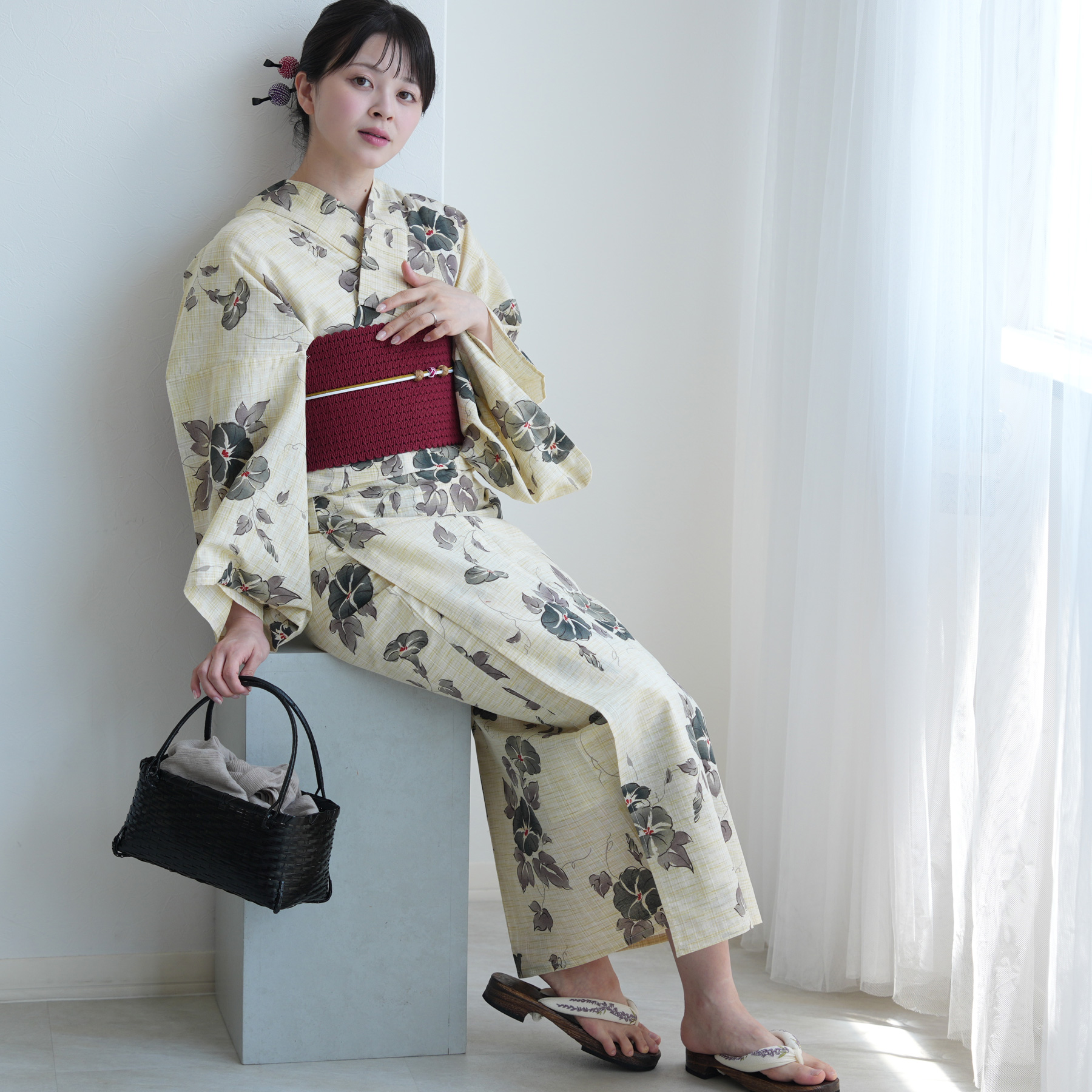 utatane 浴衣 レディース セット 綿麻 高級変わり織 先染めベージュ