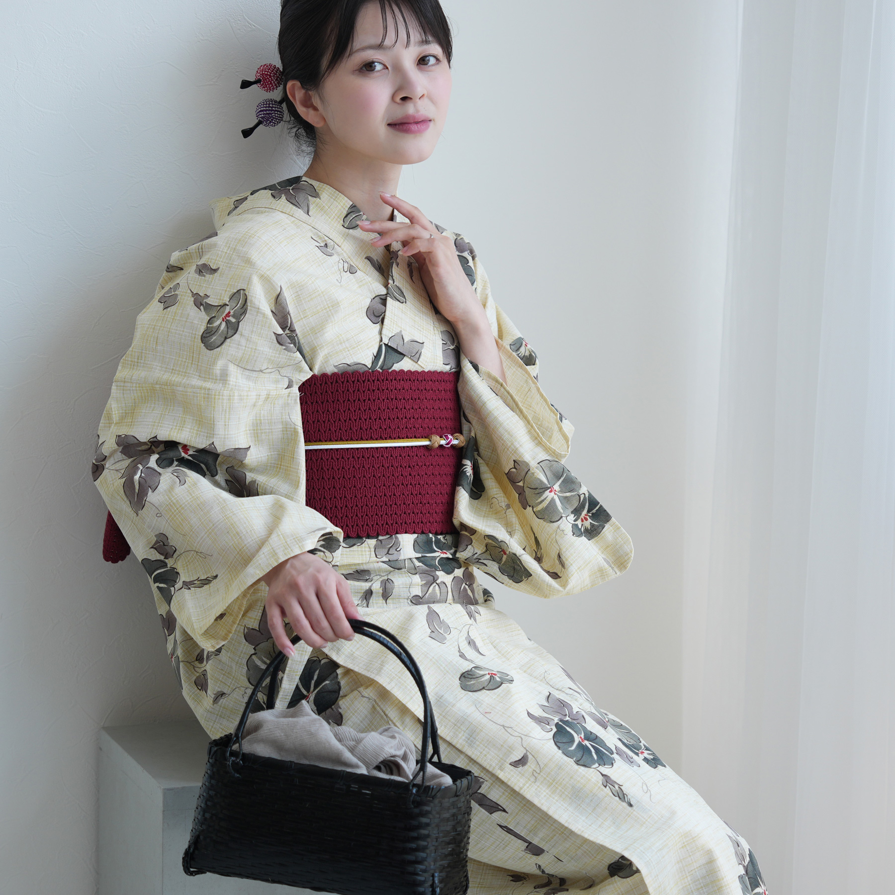 utatane 浴衣 レディース セット 綿麻 高級変わり織 先染めベージュ