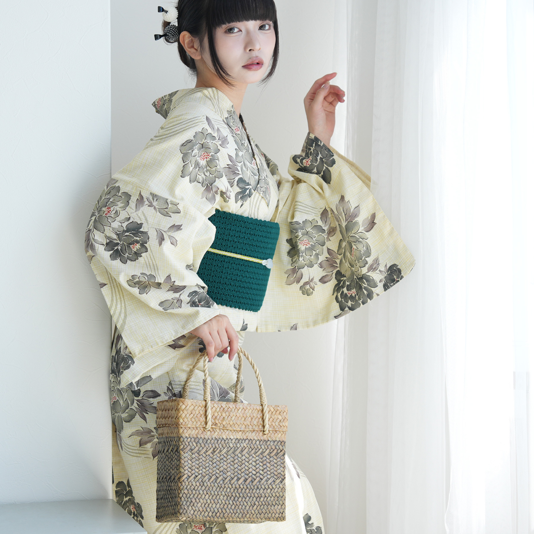 utatane 浴衣 レディース セット 綿麻 高級変わり織 先染めベージュ