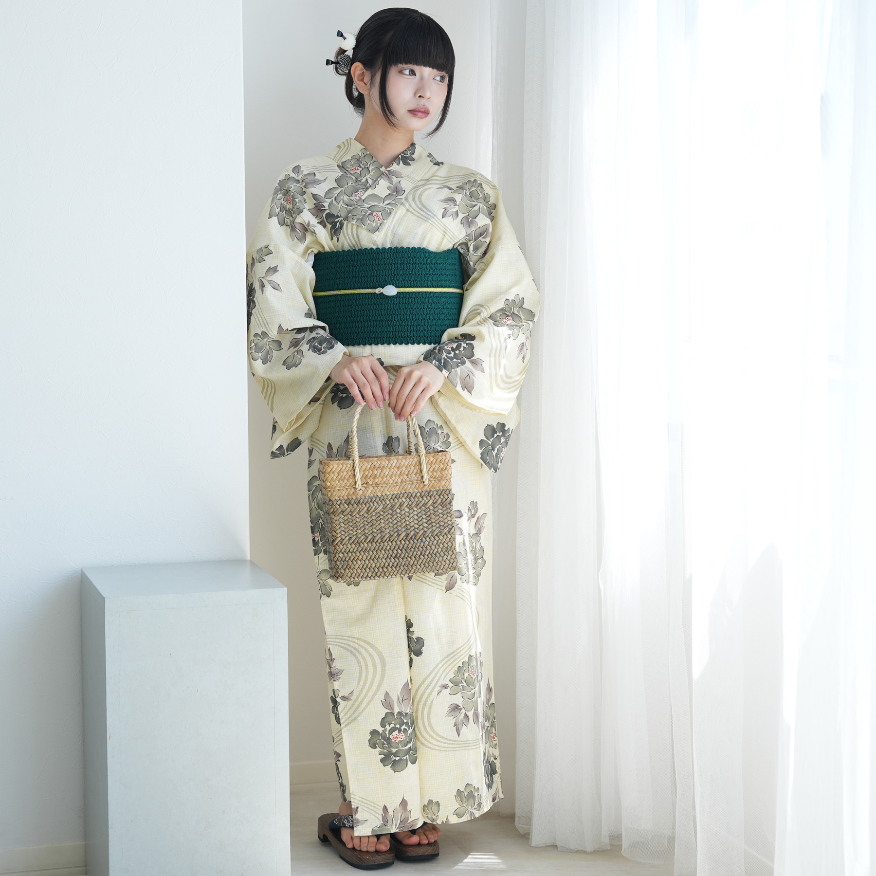 utatane 浴衣 レディース セット 綿麻 高級変わり織 先染めベージュ