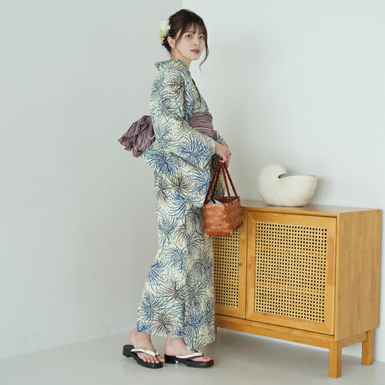 美品！utatane浴衣 高級変わり織り5点セット 先染め風ベージュ 涼しげ糸菊 utatane｜utatane/(W)高級変わり織り浴衣3点セット 先染め風