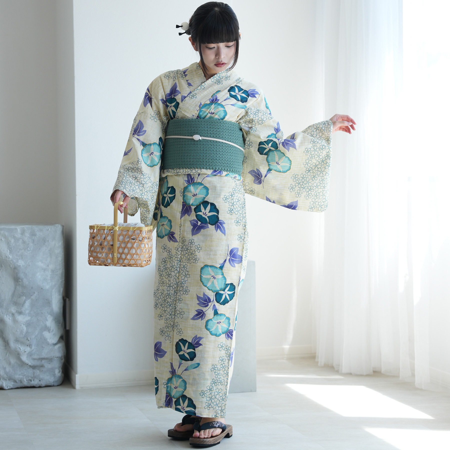 新品未使用☆浴衣☆綿麻☆朝顔☆帯付き☆大人 utatane 浴衣 レディース セット 綿麻 高級変わり織 先染めベージュ