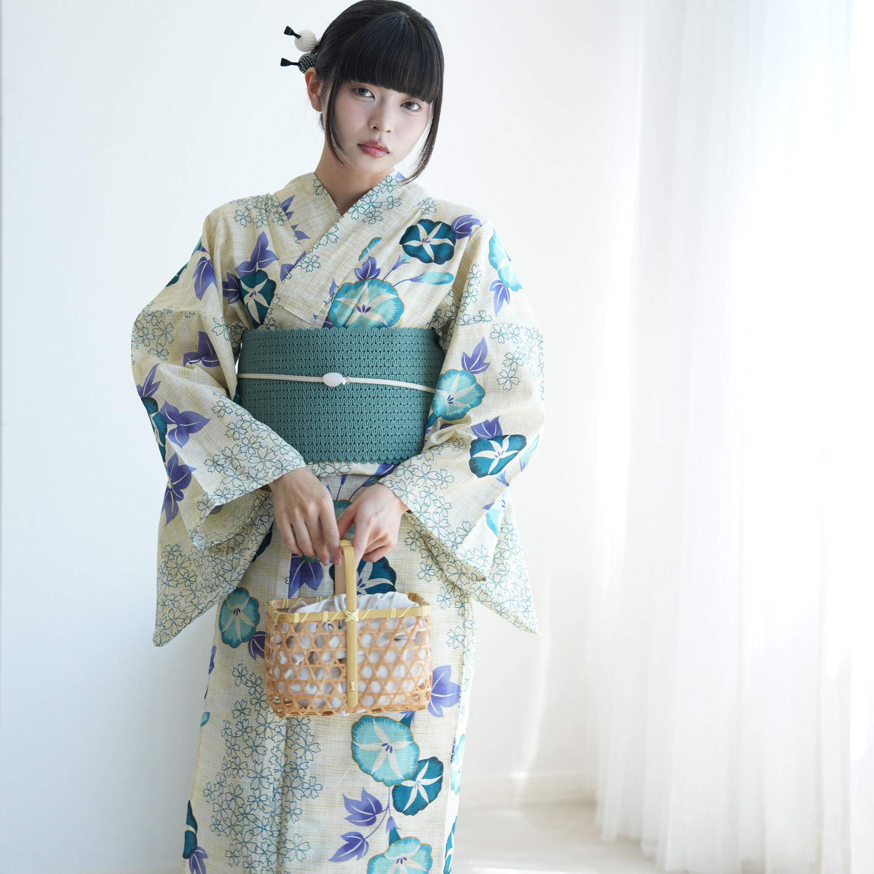 utatane 浴衣 レディース セット 綿麻 高級変わり織 先染めベージュ