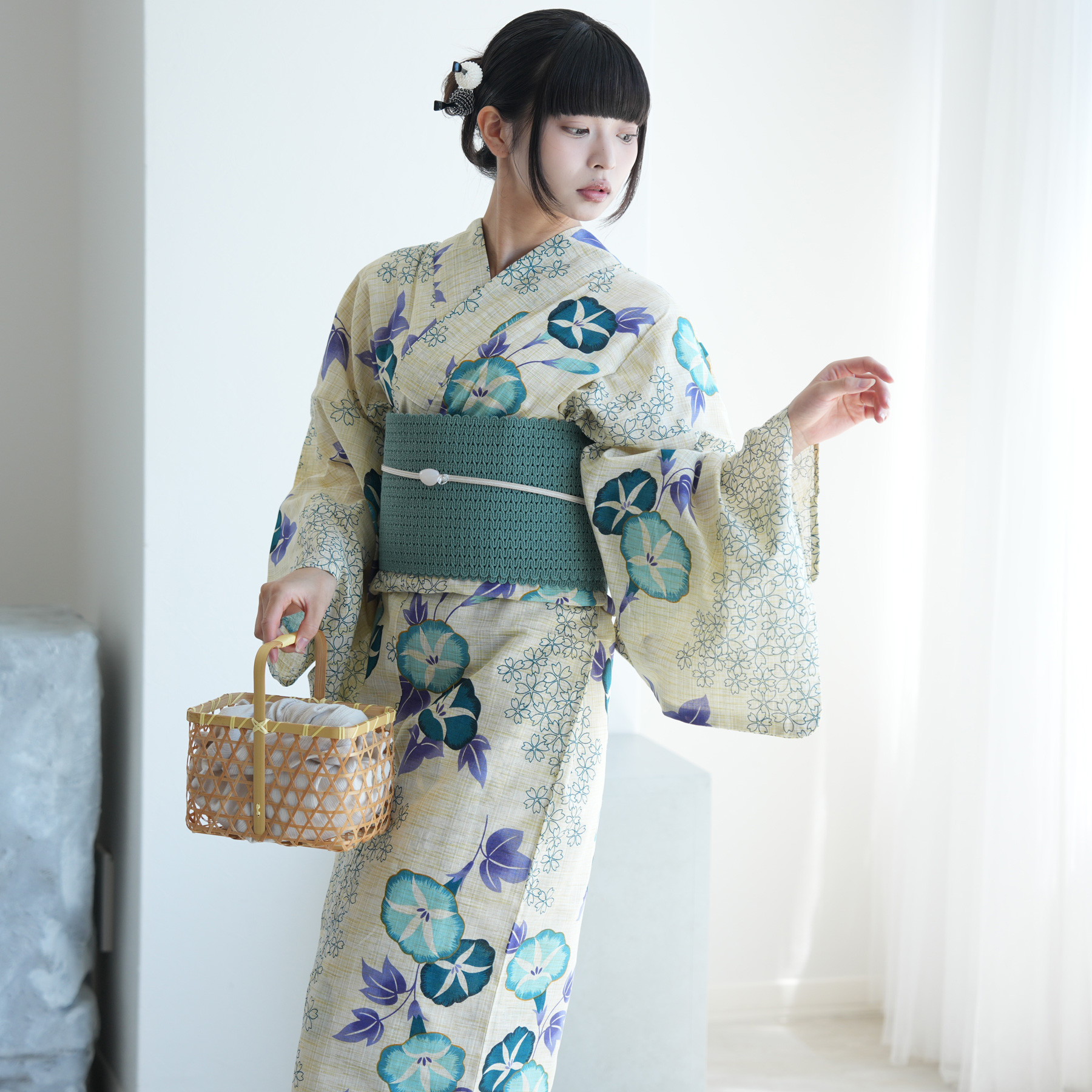 utatane 浴衣 レディース セット 綿麻 高級変わり織 先染めベージュ