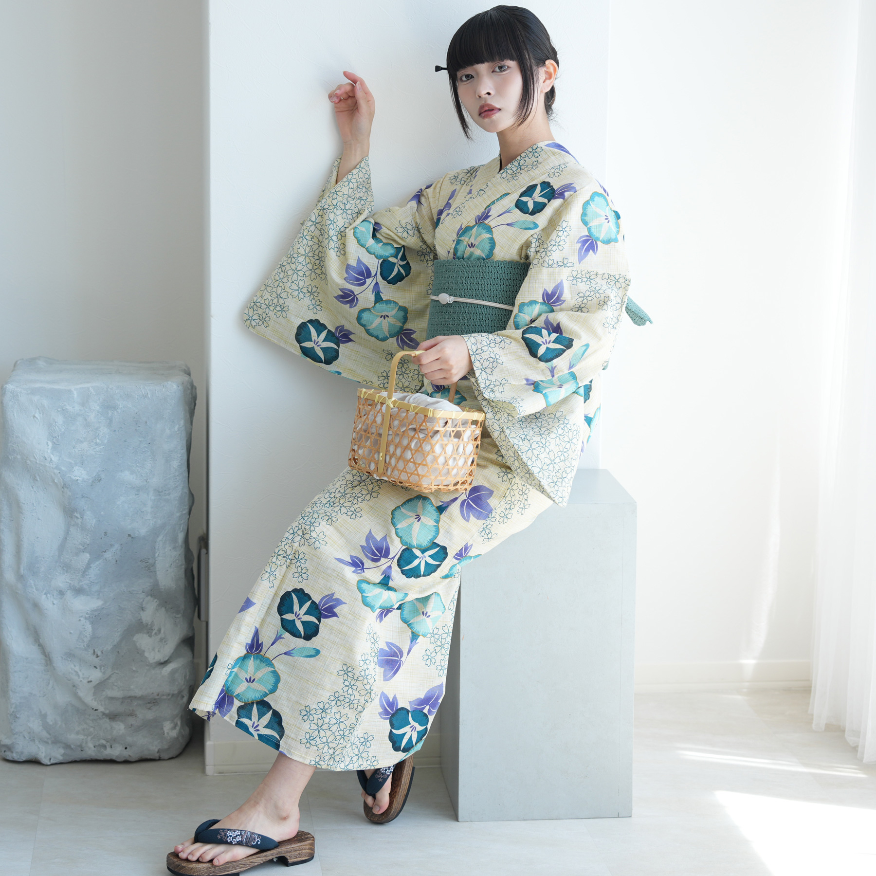 utatane 浴衣 レディース セット 綿麻 高級変わり織 先染めベージュ