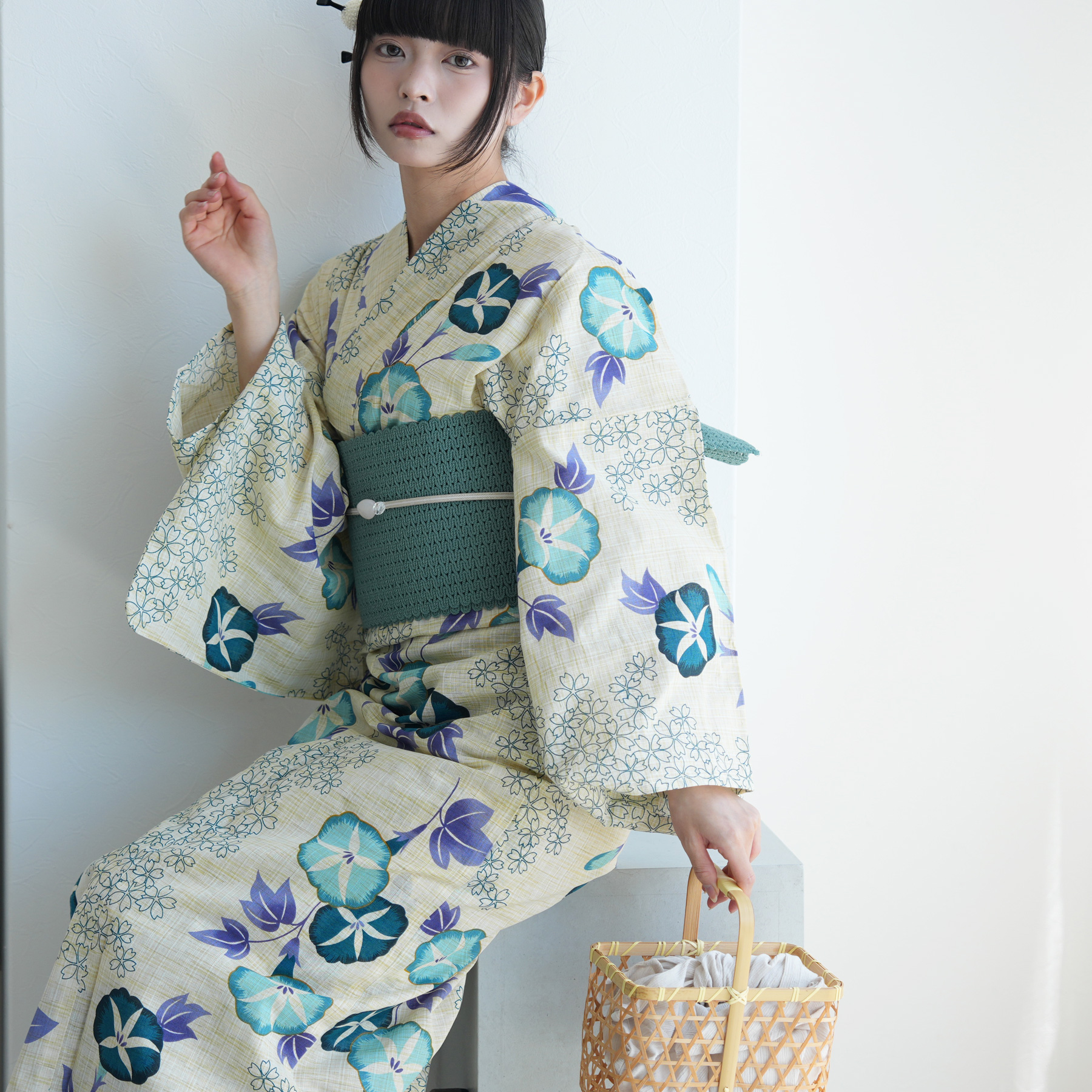 utatane 浴衣 レディース セット 綿麻 高級変わり織 先染めベージュ