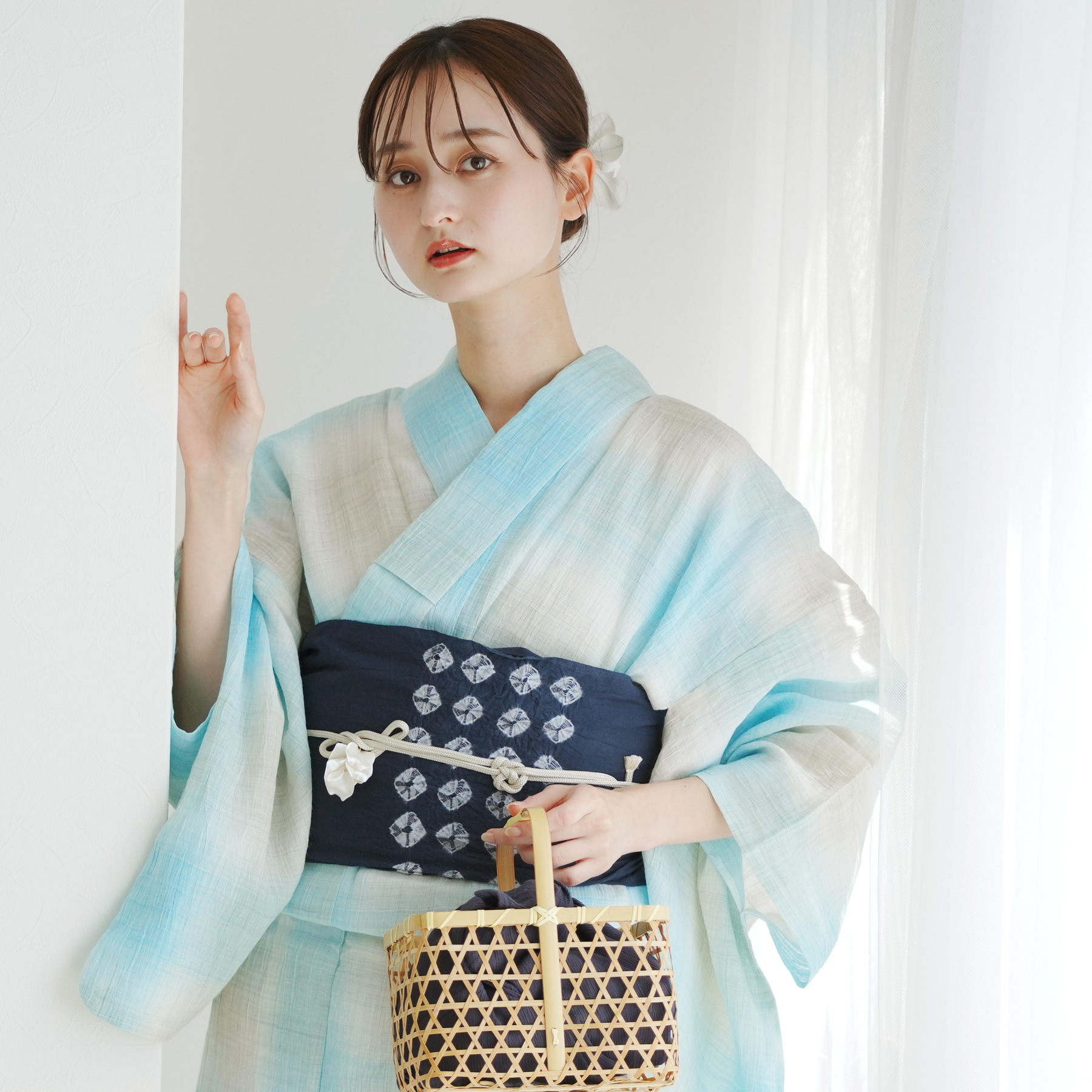 【新品】浴衣　セット 近江ちぢみ 水色　麻100%　日本製　高級浴衣 utatane 浴衣 レディース セット 本麻 近江縮浴衣+清江絞り 有松