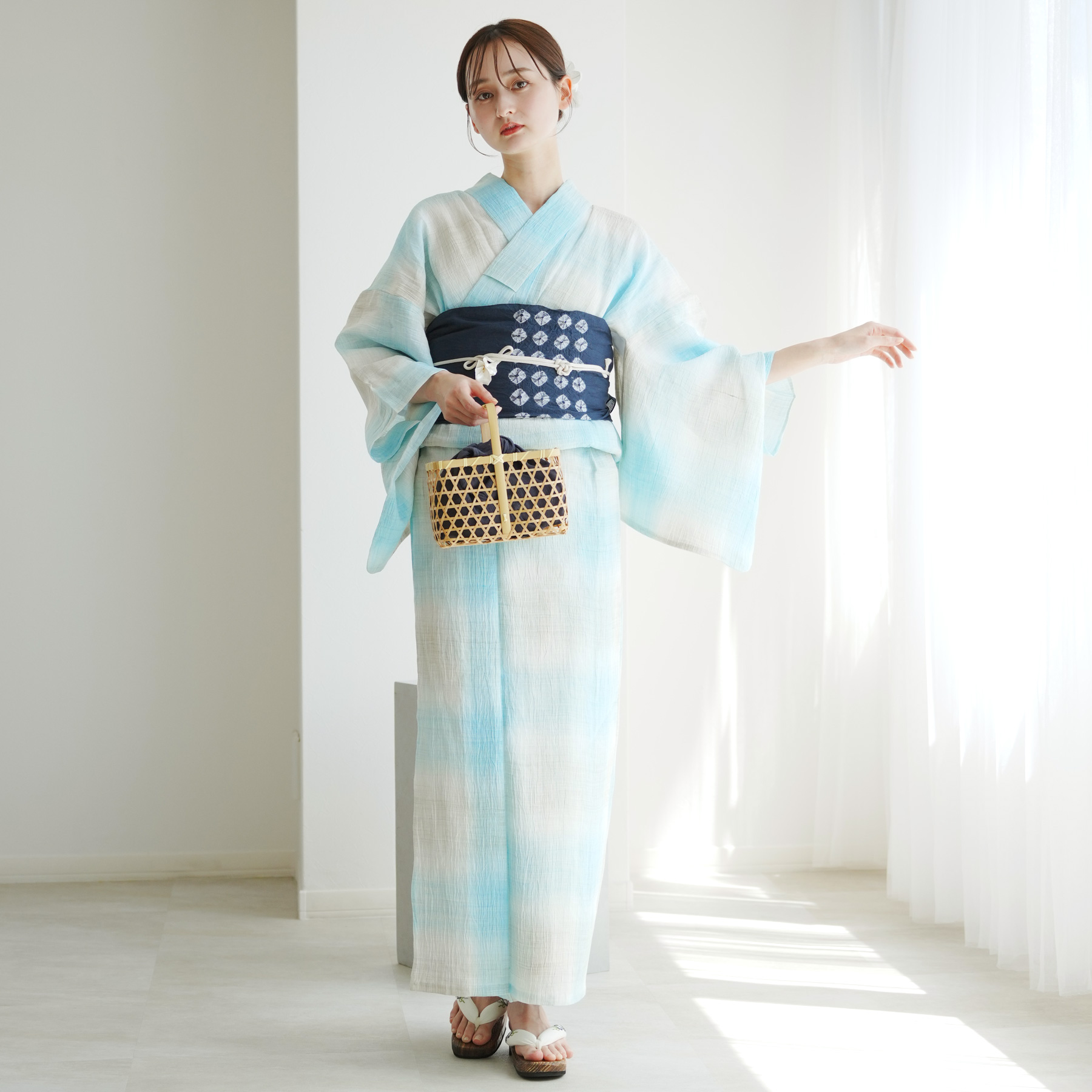 近江縮み　夏着物　浴衣　綿麻 近江ちぢみ 夏物 反物 縮み 綿麻 高級 ぼかし染 縞 夏カラー