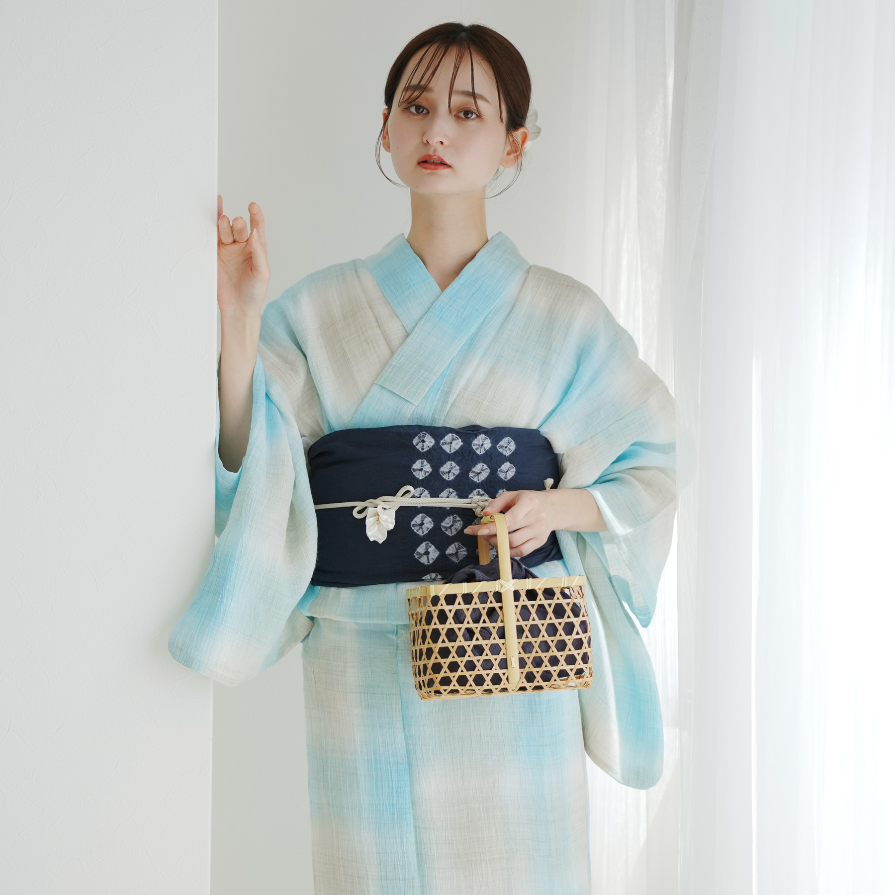 【値下げ＊週末限定】近江ちぢみ　夏着物 夏 着物 麻 近江ちぢみ プレタ 洗える 仕立て上がり Lサイズ