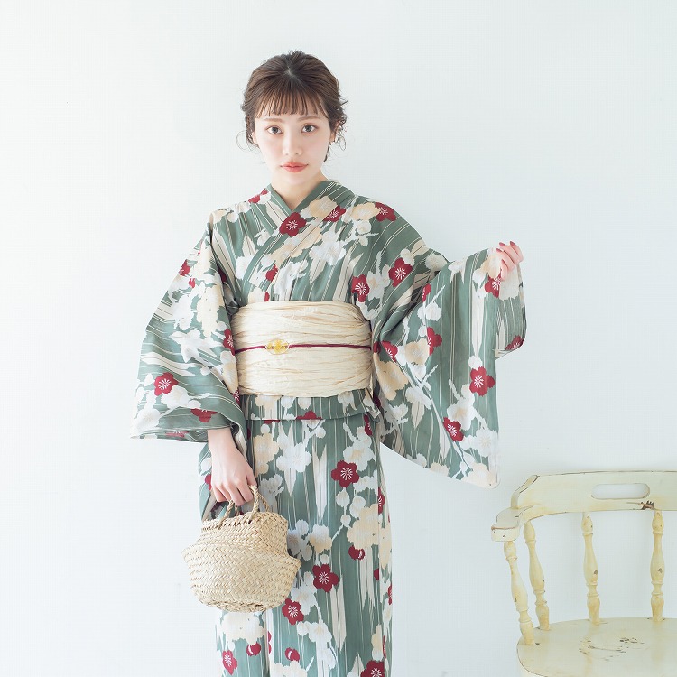 utatane×maru maruコラボ 浴衣単品 maru × utatane 浴衣3点セット (浴衣/帯/下駄) レトロ椿と小梅