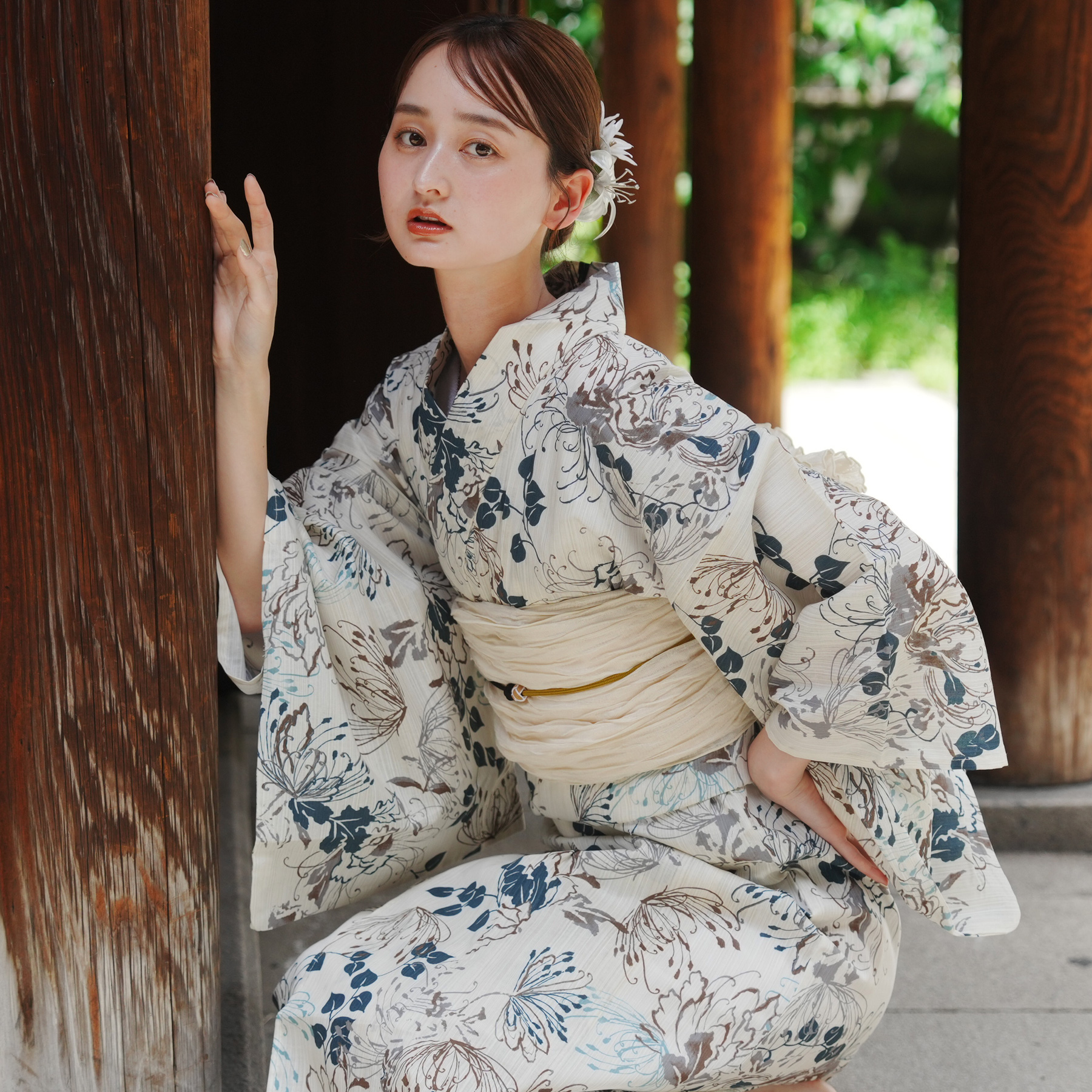 浴衣 セット レディース フリーサイズ 3点セット（浴衣/帯/下駄） utatane レトロ 花 ベージュ系 綿 先染めベージュ風 みずみずしい糸菊