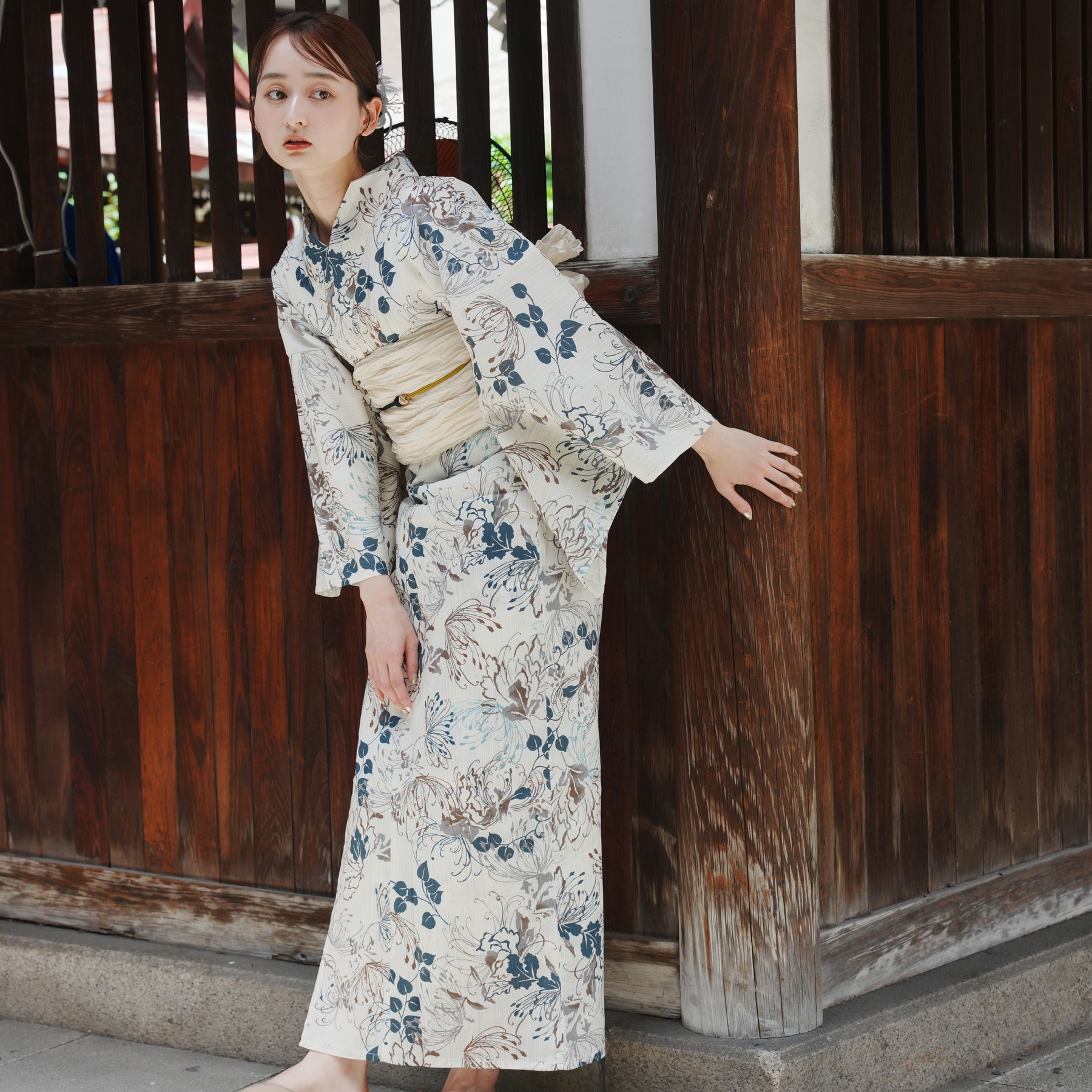 utatane花柄 ベージュ 浴衣・帯セット utatane 浴衣 レディース セット 浴衣3点セット かすれベージュ
