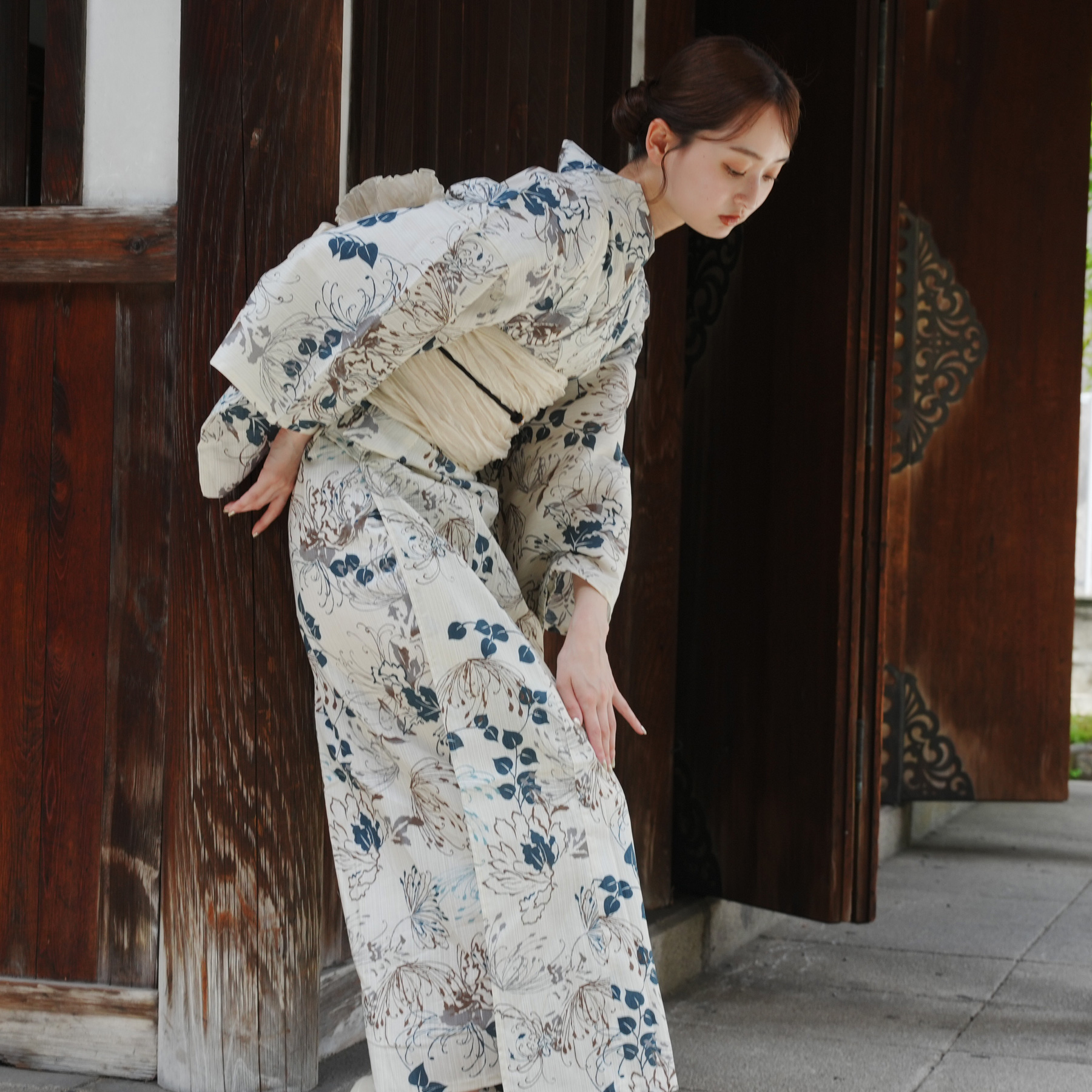美品　utatane　浴衣セット　萩　ベージュ　ウタタネ　花柄　くすみ紫 utatane｜utatane Sサイズ 浴衣3点セット ベージュに薄紫の