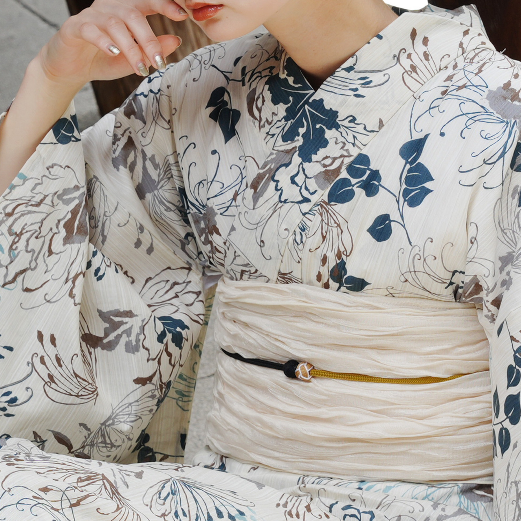 完売サイズ utatane 浴衣 帯 セット ベージュ レトロ モダン 花柄 utatane 浴衣 レディース セット フリーサイズ 浴衣3点セット