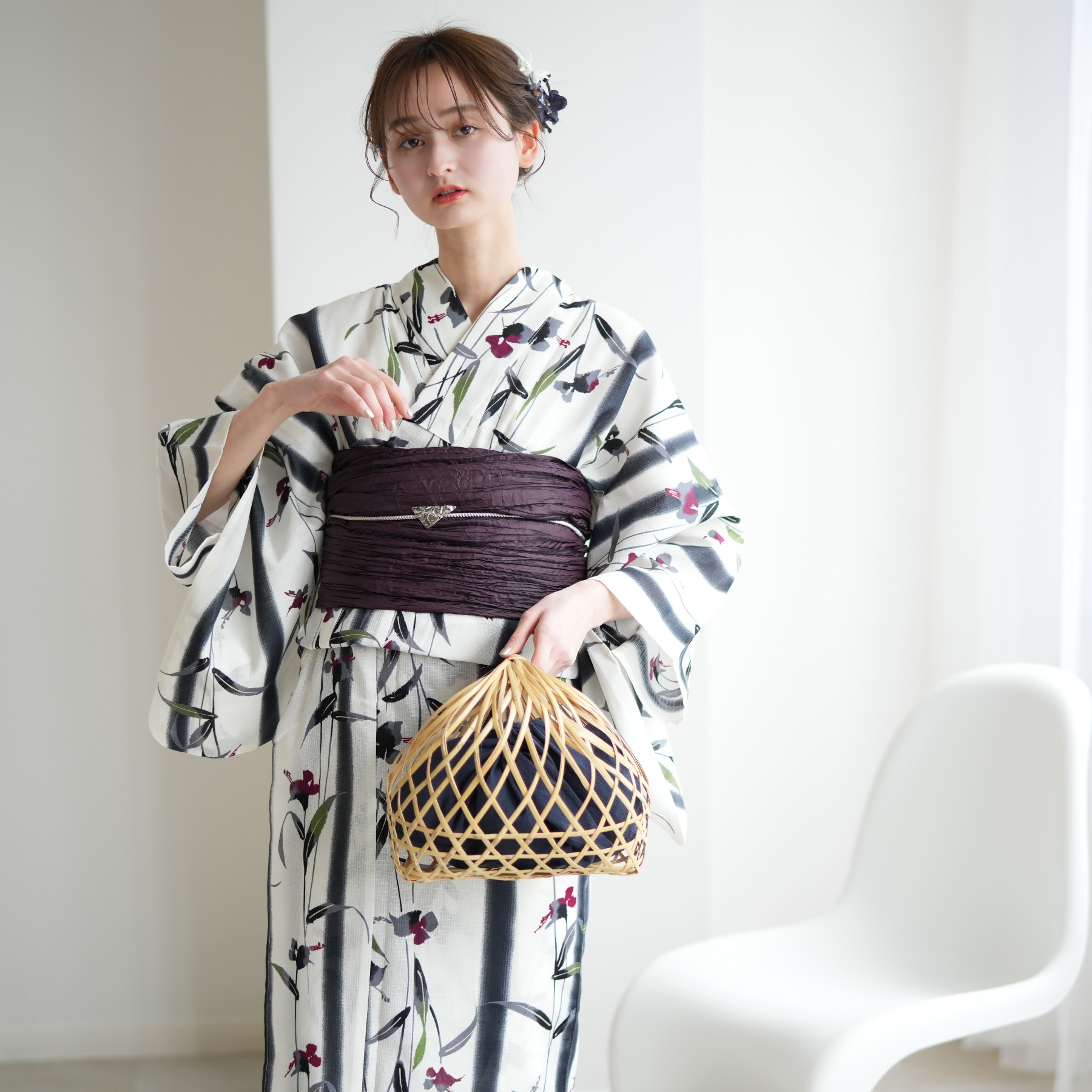 オール新品■高級変わり織り，妖艶花模様大人浴衣，浴衣帯，特別帯留め４点セット オール新品□高級変わり織り，妖艶花模様大人浴衣，浴衣帯，特別