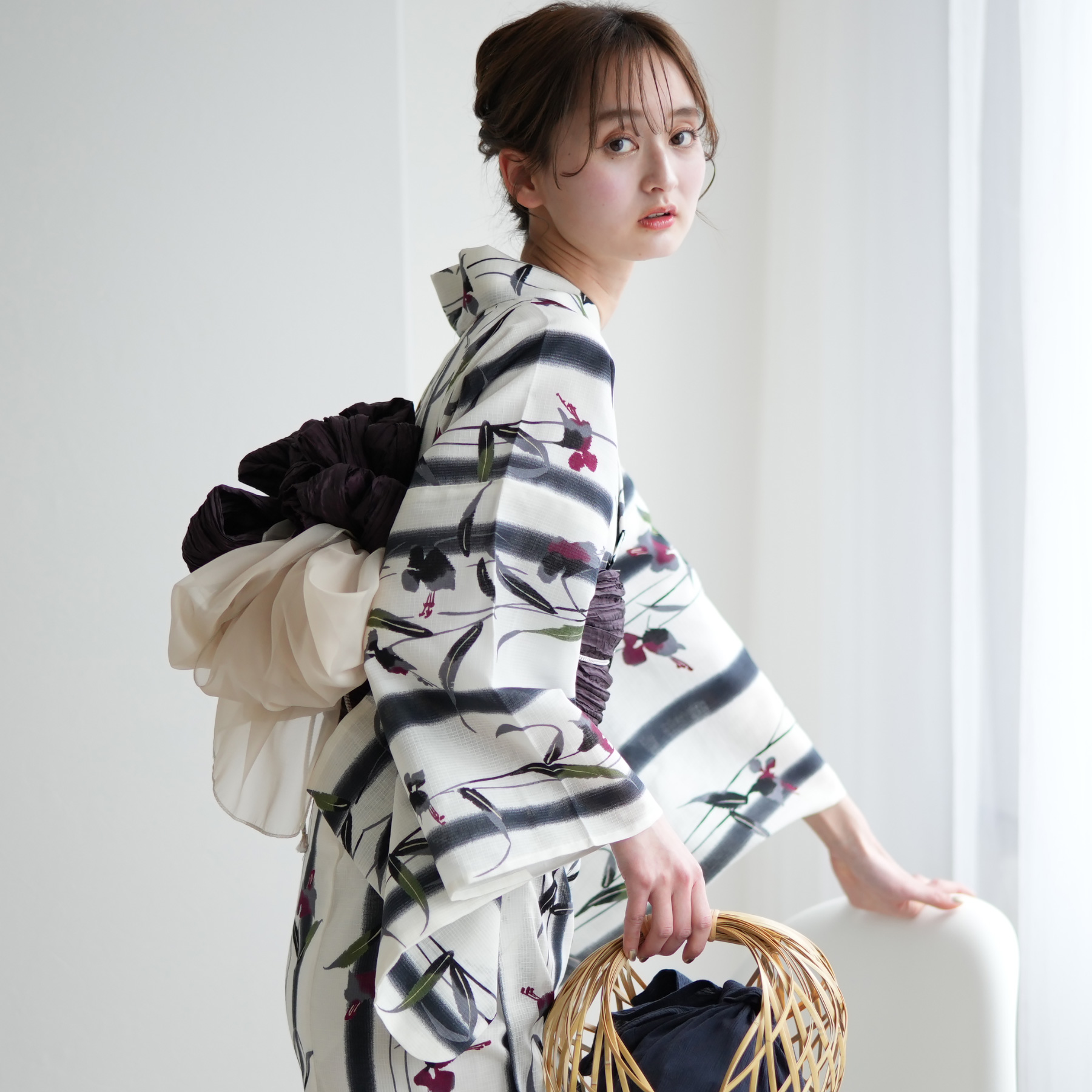utatane 綿麻 高級変わり織 浴衣3点セット ( ゆかた・帯・下駄