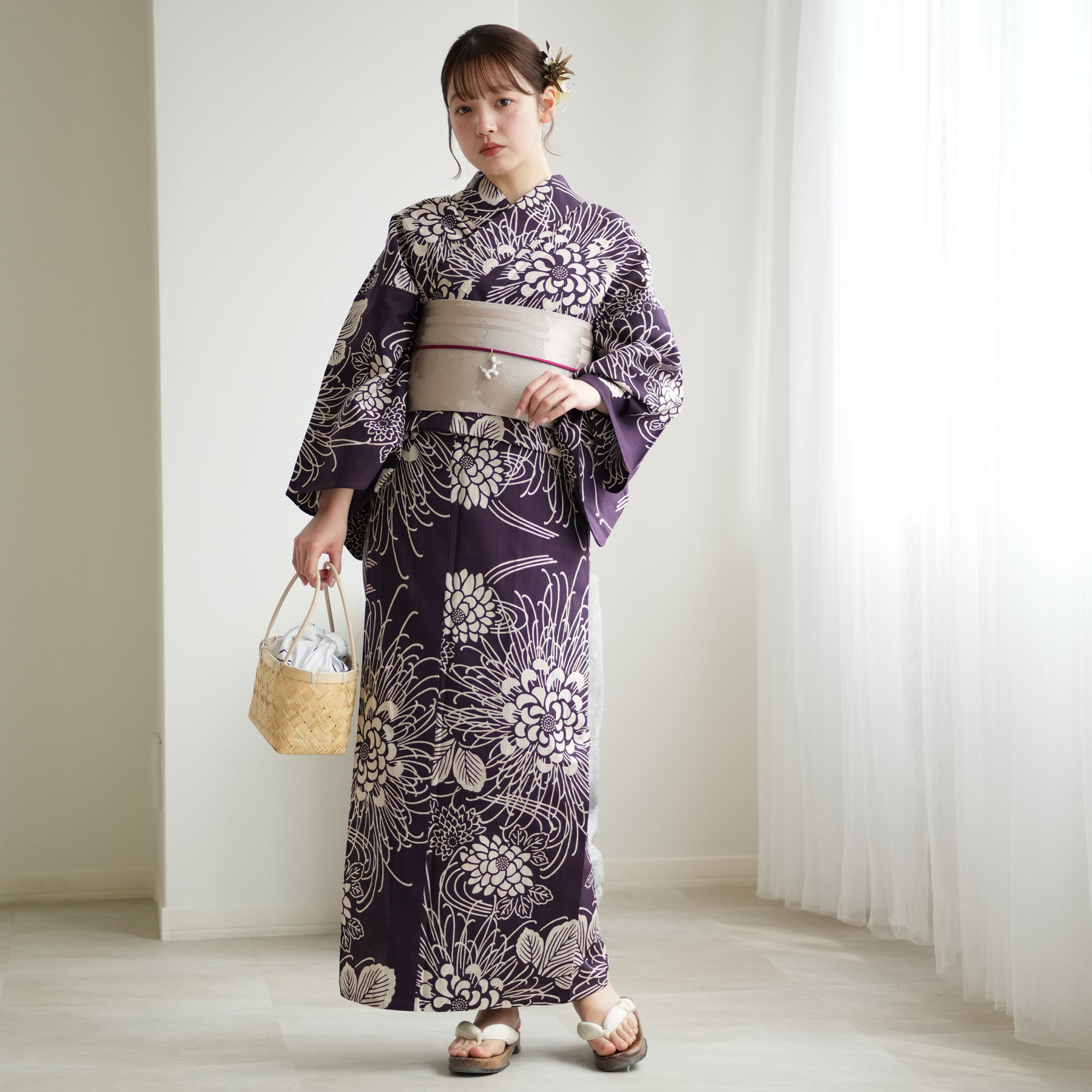 【新品】浴衣3点セット utatane 先染めベージュ風 utatane 浴衣 選べる浴衣3点セット オリジナルデザイン 国内染色 美人