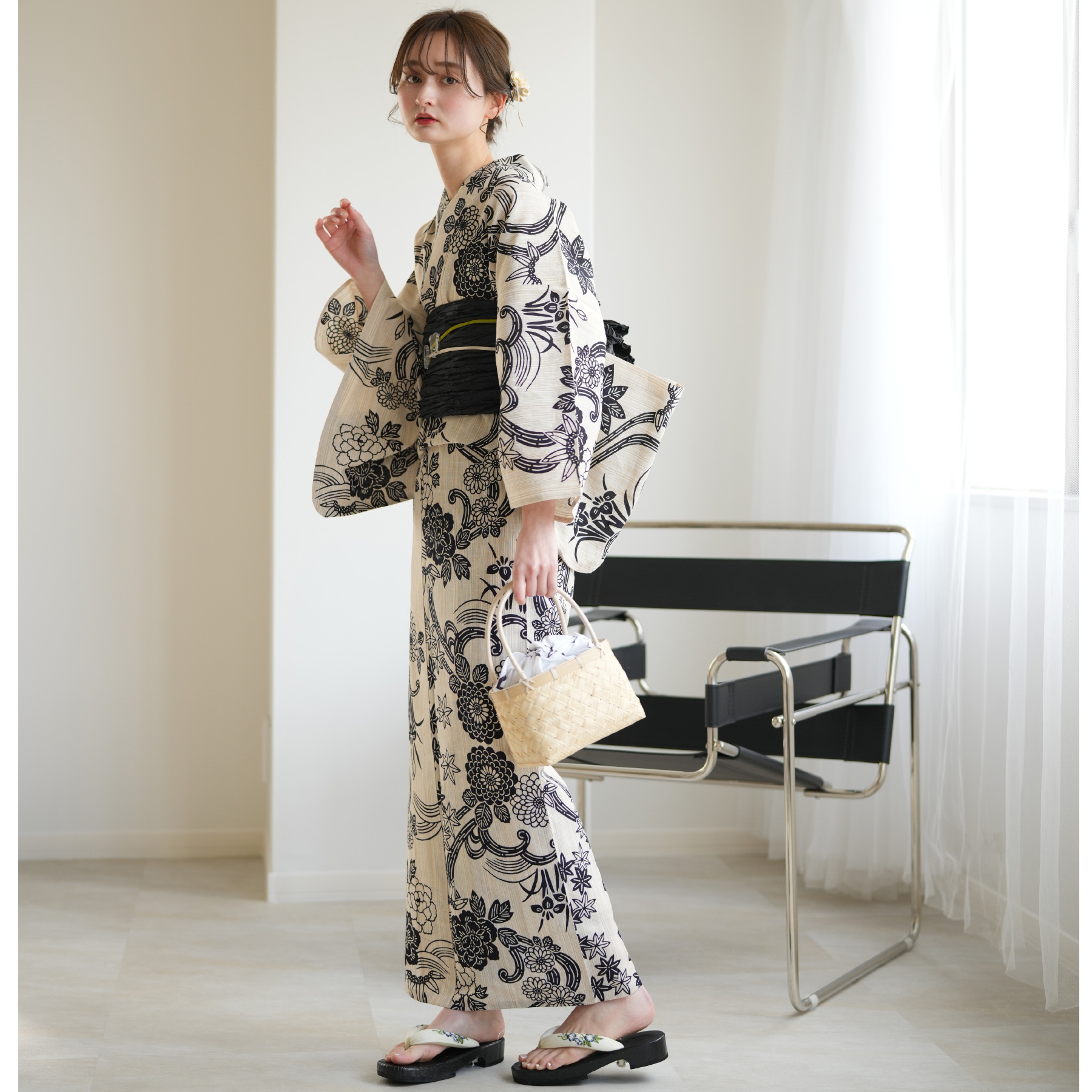 utatane ブラウンとクリームの染分け牡丹 浴衣 3点セット utatane 浴衣 セット レディース フリーサイズ 3点セット 浴衣