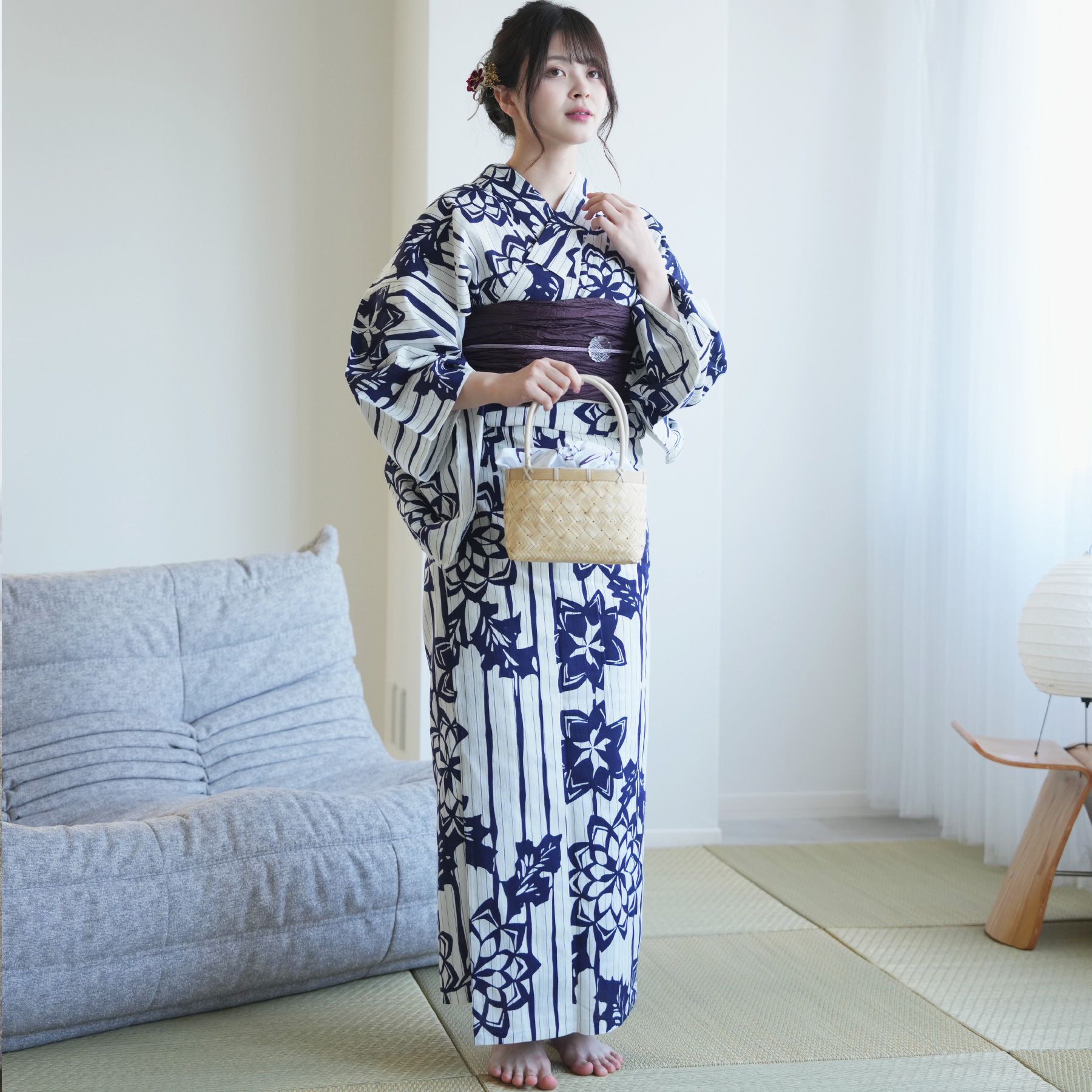 青と白の花柄 浴衣 utatane utatane 浴衣 レディース セット utatane×注染工房 浴衣3点セット 等間