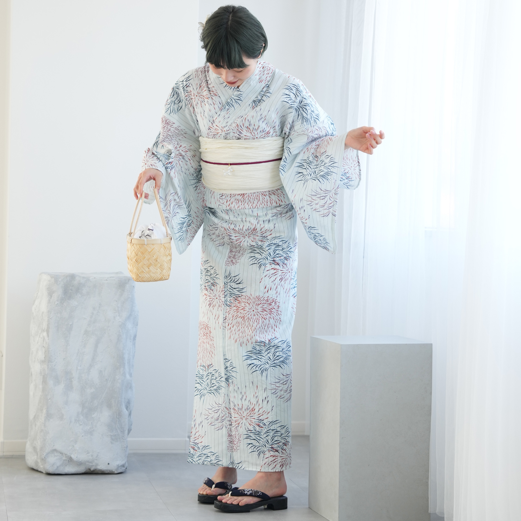 ウタタネ　浴衣　utatane 帯　セット　下駄　花火　浴衣セット　ゆかた utatane 浴衣 レディース セット 高級変わり織 浴衣3点セット 白