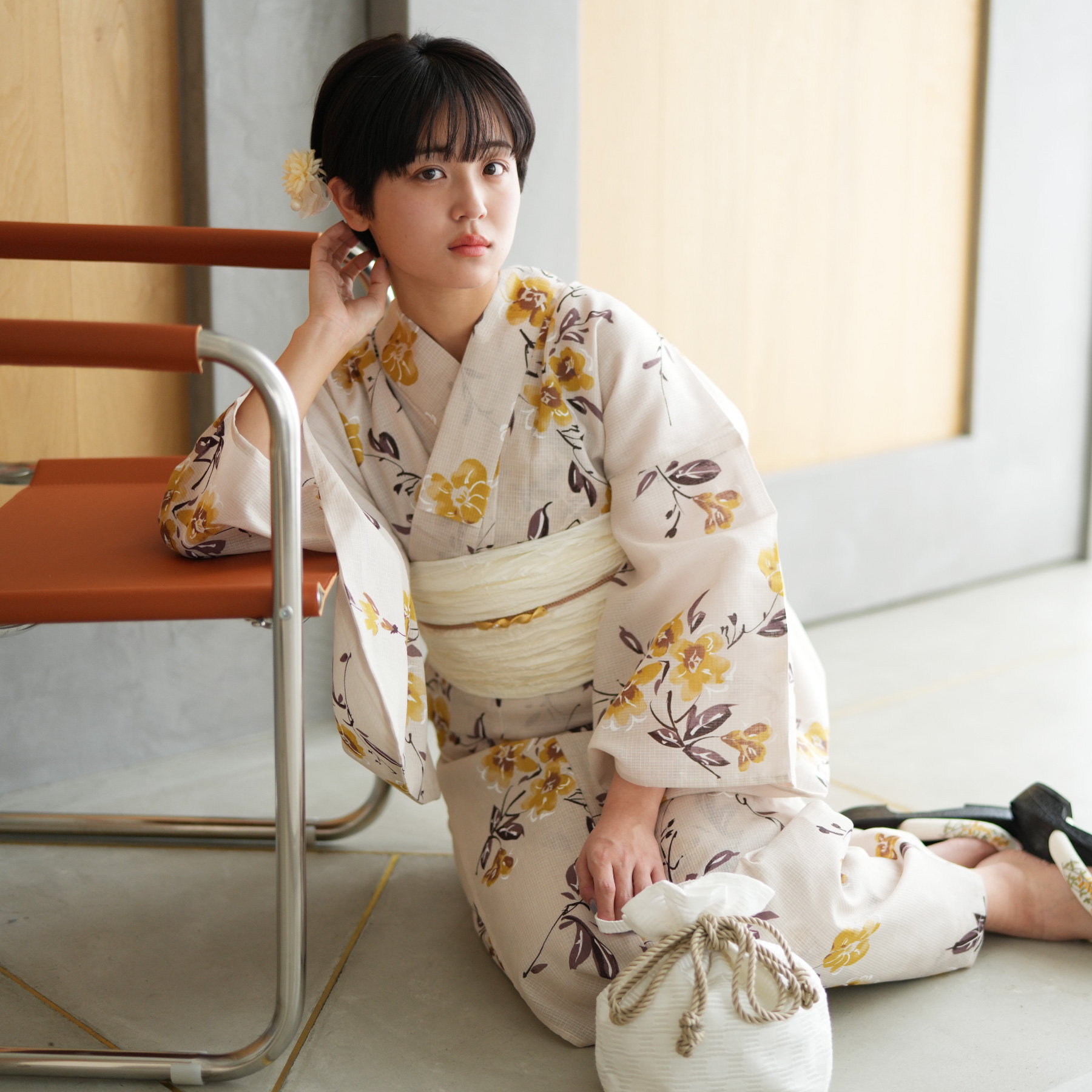 ひよこ商店 高級変わり織 浴衣3点セット ベージュに紫陽花のブーケ utatane｜ひよこ商店 高級変わり織 浴衣3点セット クリームに