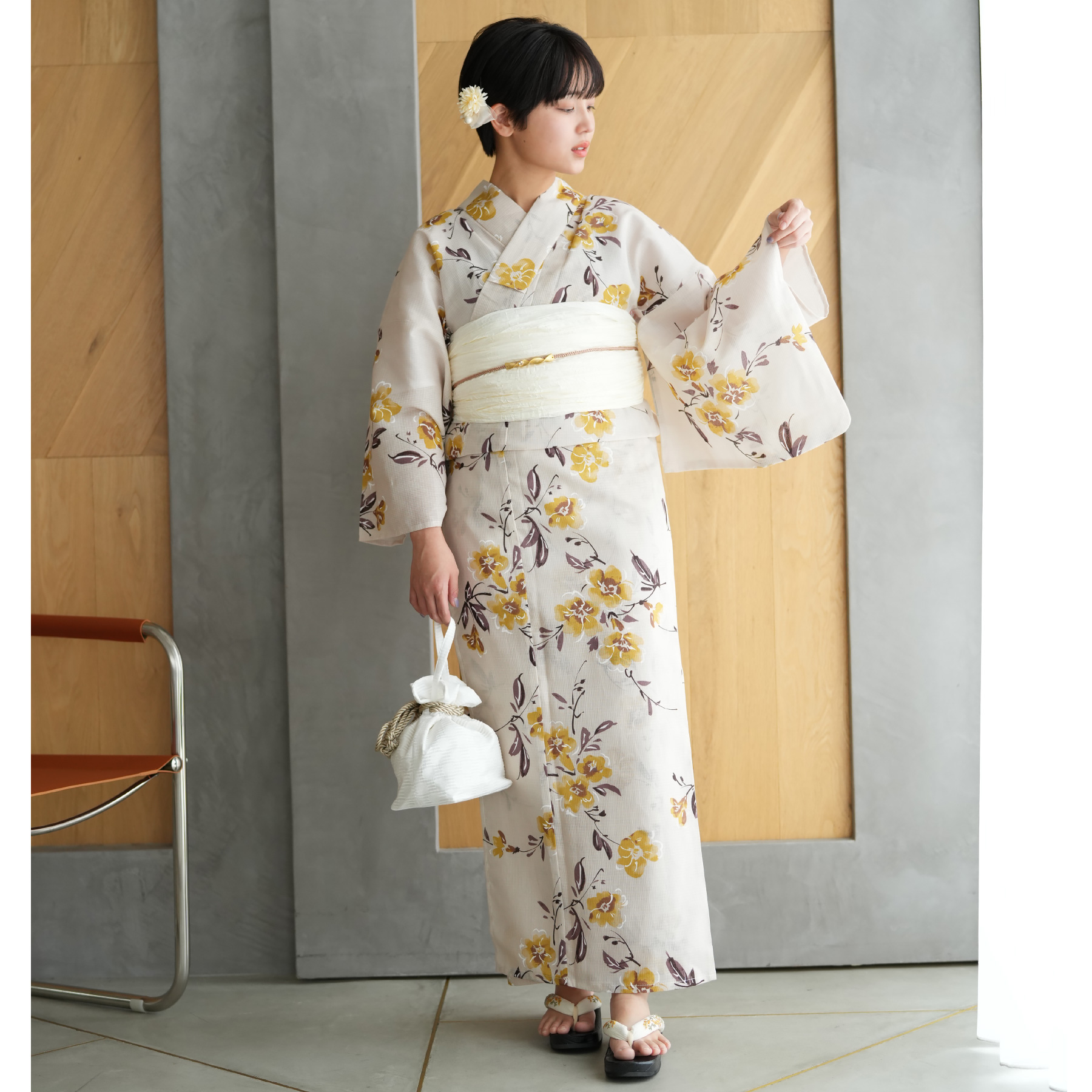 ひよこ商店 高級変わり織 浴衣3点セット ベージュに紫陽花のブーケ utatane｜ひよこ商店 高級変わり織 浴衣3点セット クリームに