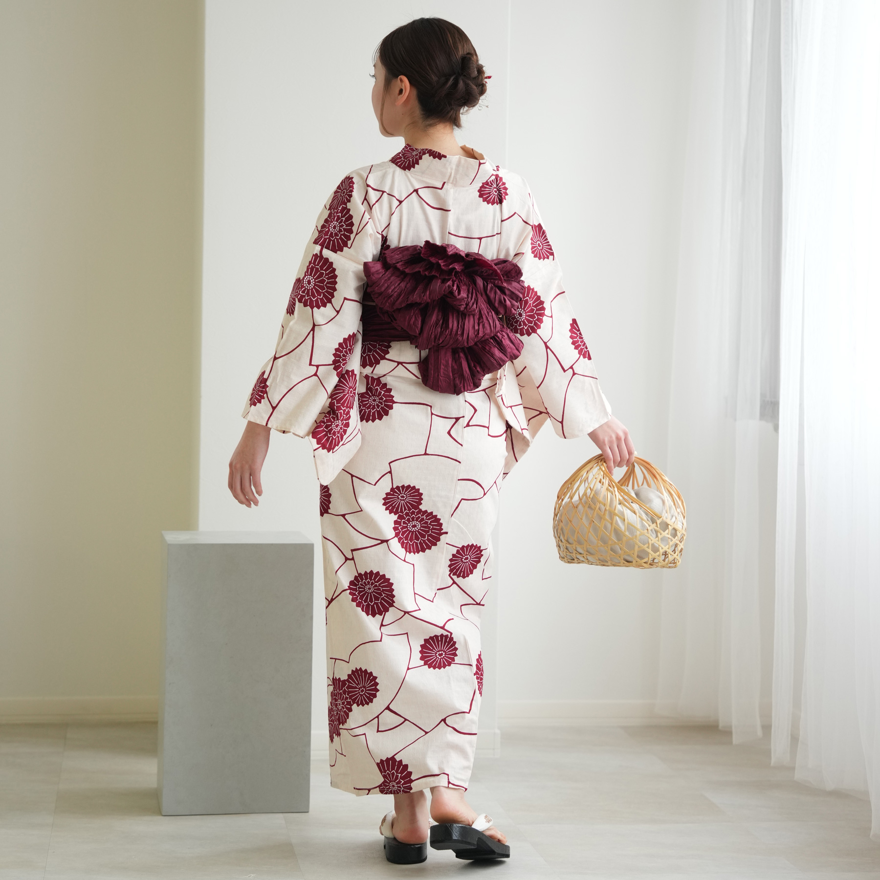 ニコアンティーク 高級変わり織 浴衣3点セット えんじの扇面と菊 浴衣 レディース セット ニコアンティーク 高級変わり織 浴衣3点