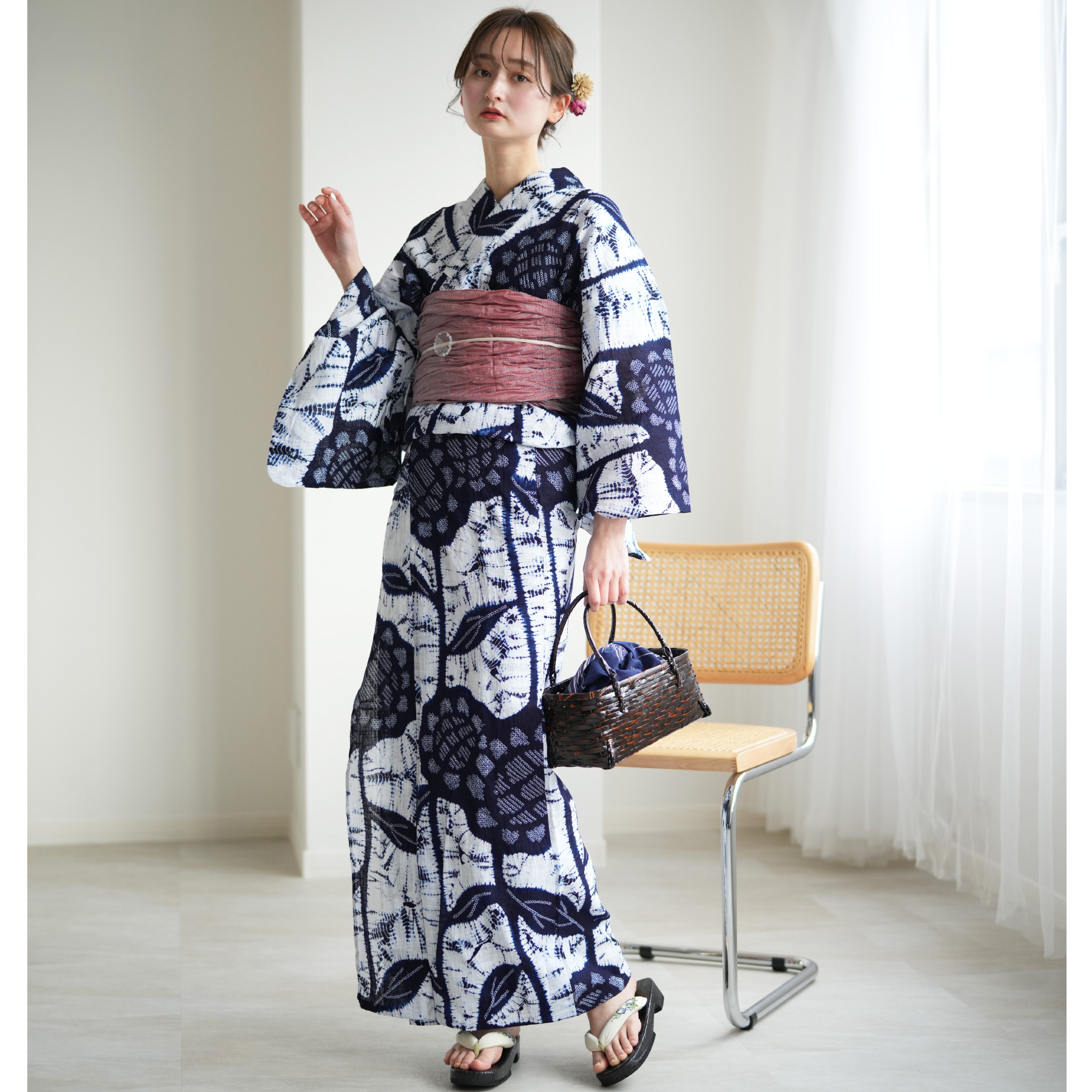 有松絞り 浴衣 濃紺 白 ピンク utatane 浴衣 レディース セット 有松絞り 浴衣3点セット 綿麻