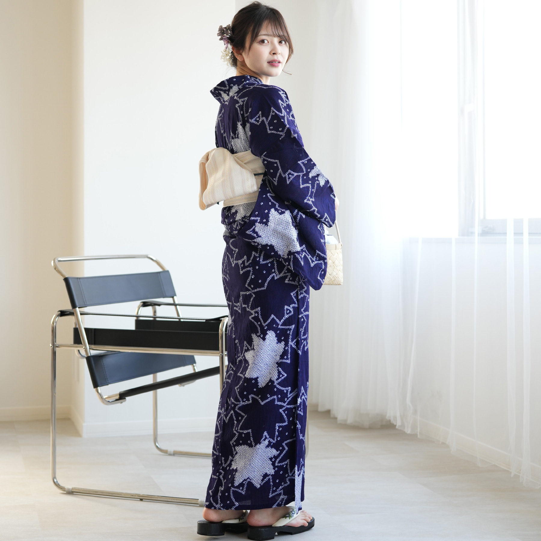 【新品未使用】有松絞りの浴衣　藍色　しつけ糸付き utatane 浴衣 有松絞り浴衣3点セット 藍色の綺羅星 綿紅梅