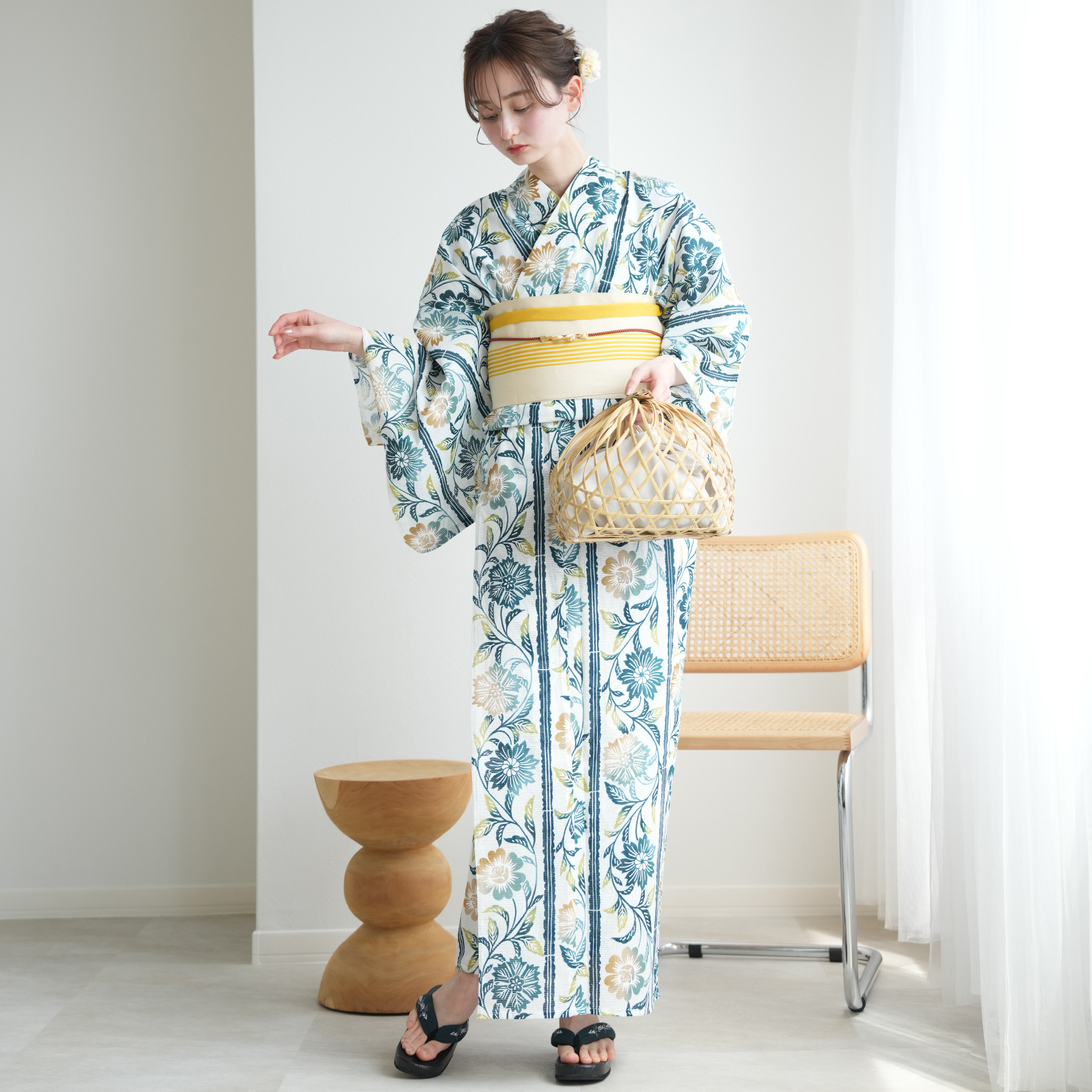 浴衣 レディース セット 綿絽 浴衣3点セット 青碧と飴色の縞更紗 夏