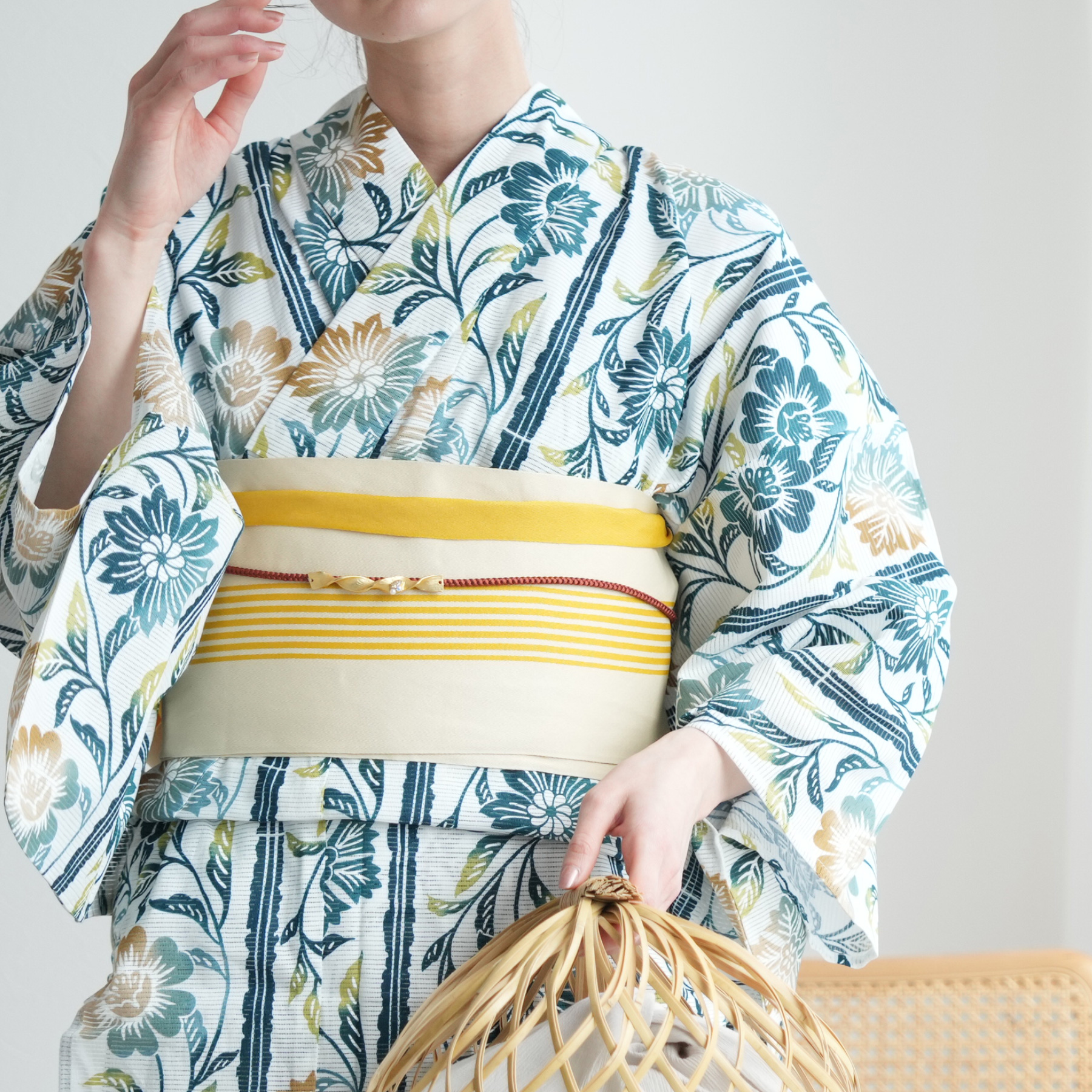 浴衣 レディース セット 綿絽 浴衣3点セット 青碧と飴色の縞更紗 夏