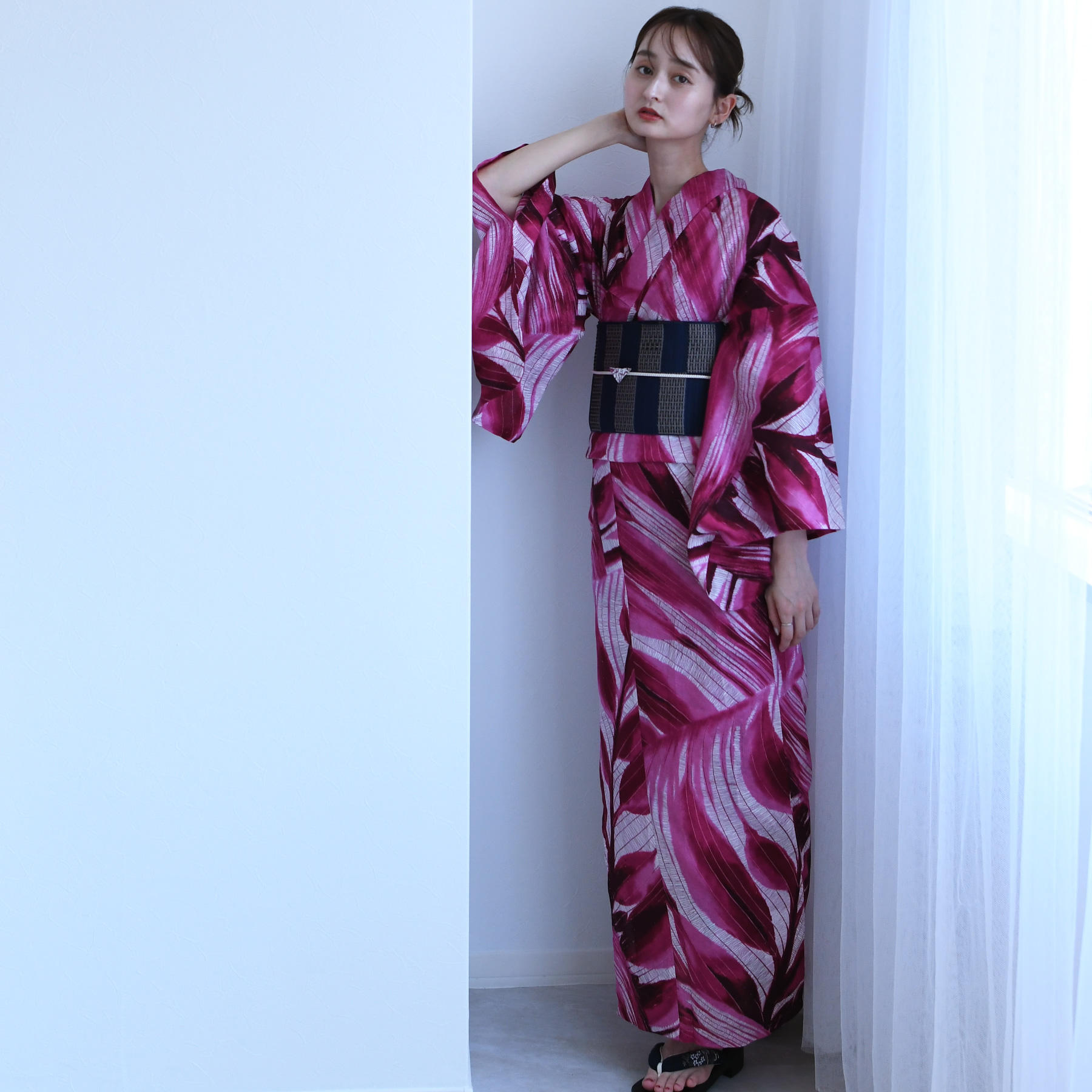 板締め絞り浴衣】長尺 濃ピンクトールサイズ 木綿 夏着物 8UM7 上品 大人