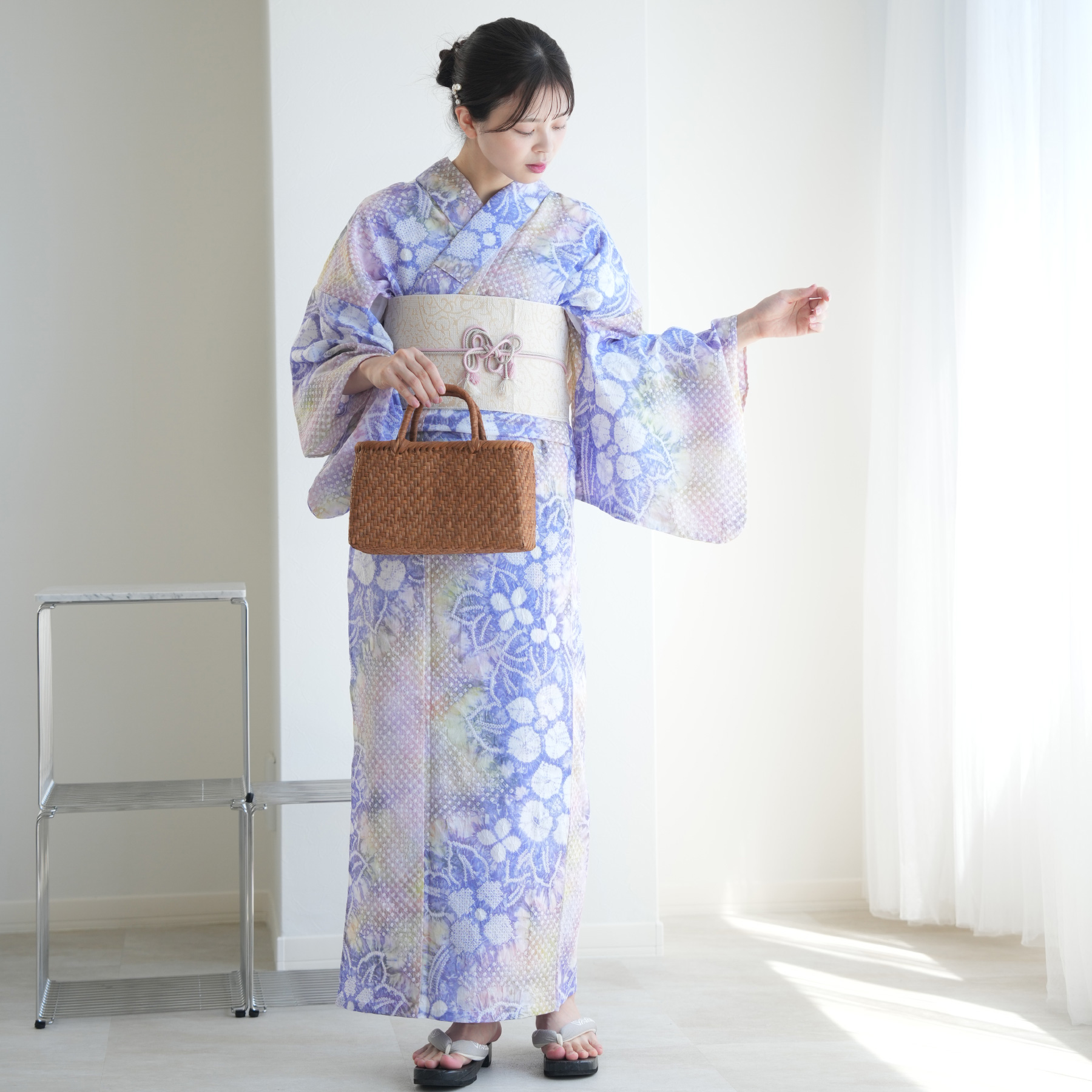 utatane 浴衣 有松絞り浴衣3点セット 藍色に隠れる四つ葉