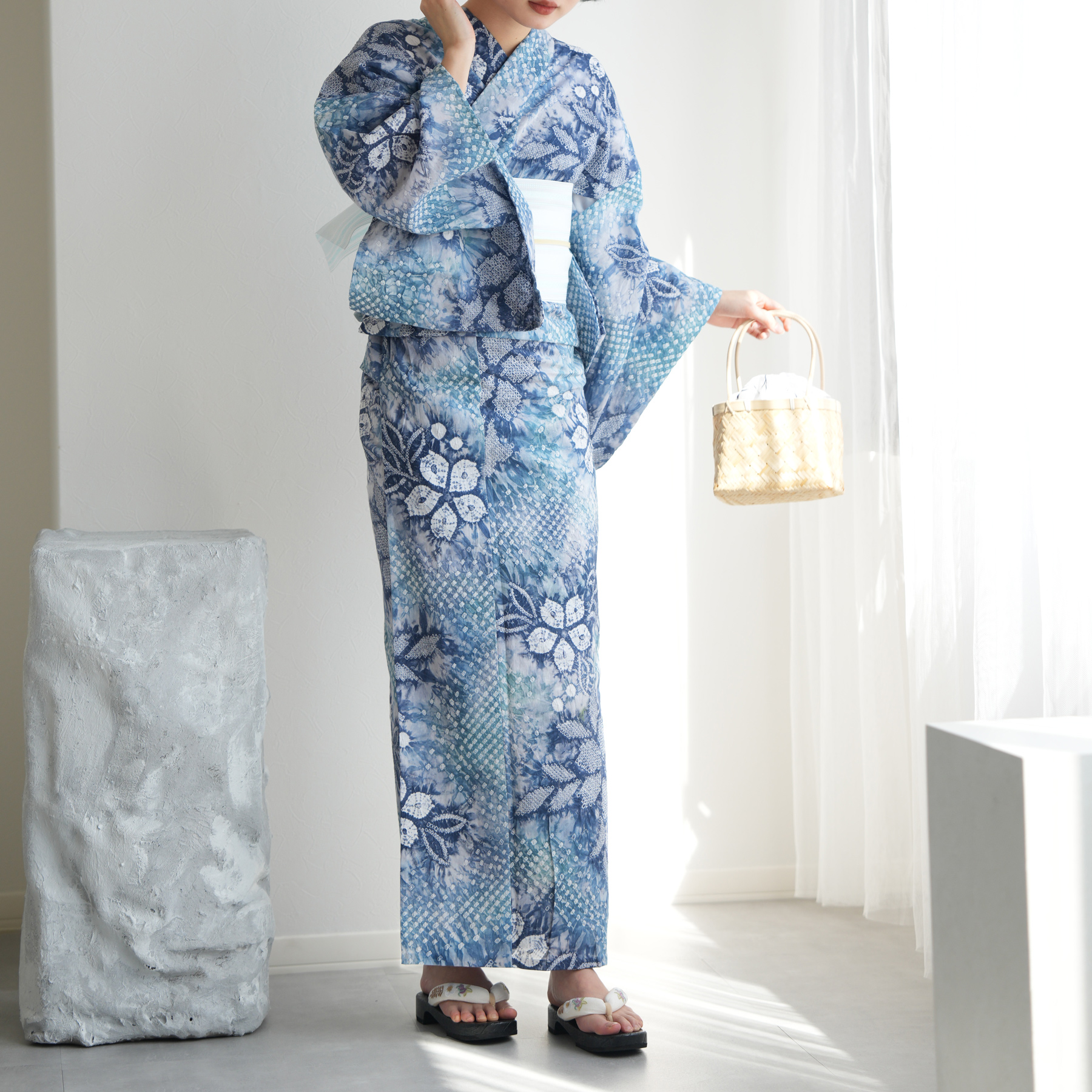 有松絞り 浴衣 木綿 バチ衿 肩当て 居敷当て 花文 イ5605