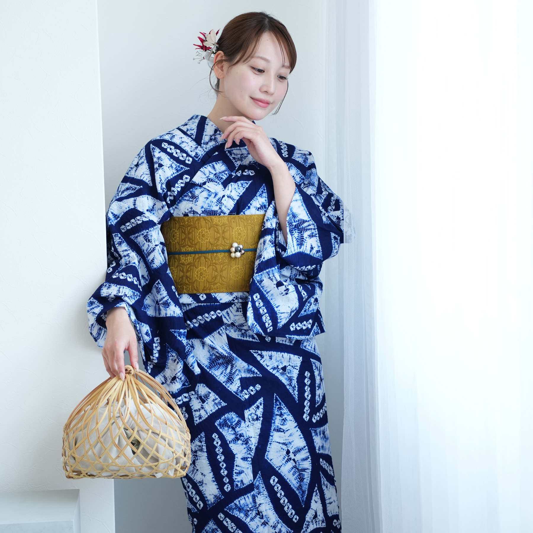 とくちゃん•*¨*•.¸♬︎絞り浴衣 有松絞り 【超美品】 浴衣 レディース セット utatane 有松絞り 浴衣3点セット 絞り