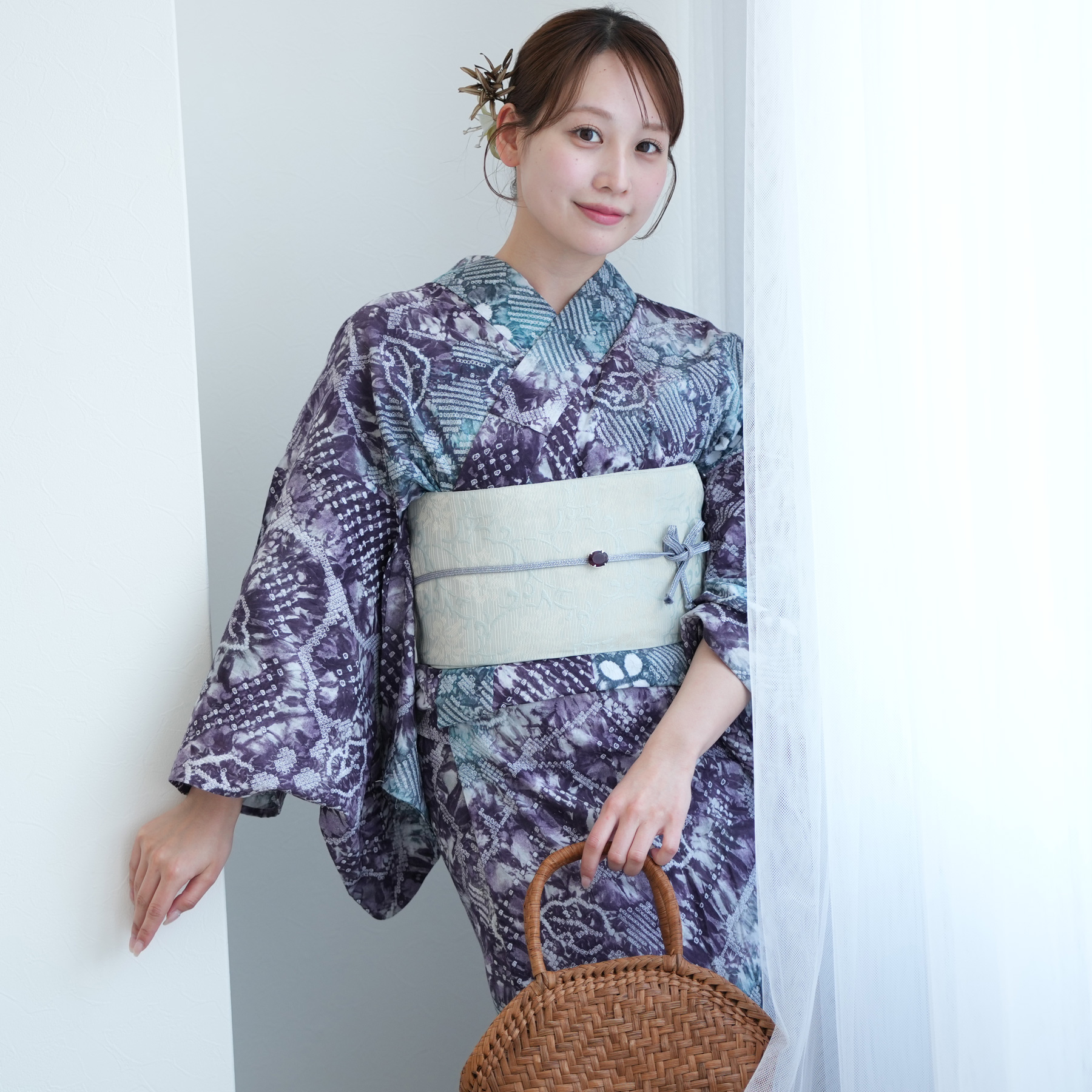 utatane 浴衣 レディース セット 有松絞り 浴衣3点セット 紫と緑の蔓花