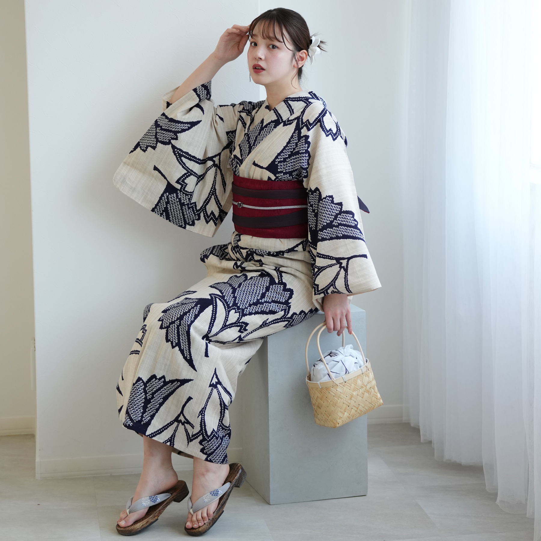 新品未使用★浴衣 楽天市場】リネン浴衣 (八重桜)(つばき) [女性用] YU-3729 YU-3730