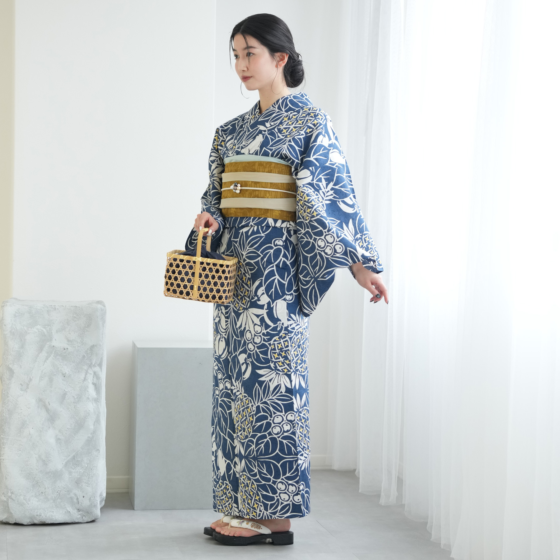 綿麻 浴衣 蜻蛉 芝 縞 青色 ブルー フリーサイズ 未使用 【公式