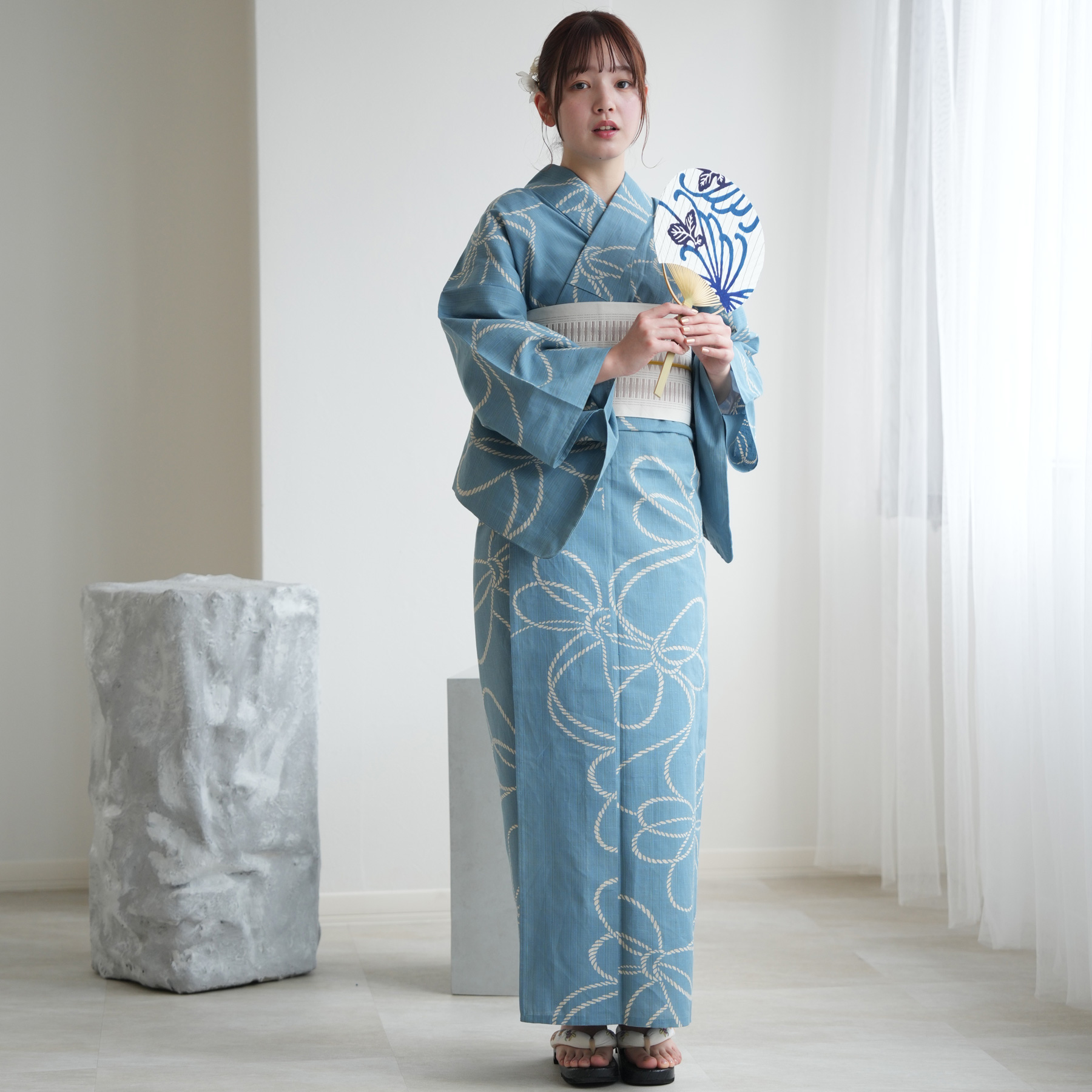 utatane×注染工房 日本製小幅生地使用 浴衣セット ベージュ水色の糸菊 utatane 浴衣 レディース セット utatane×注染工房 浴衣3点セット 先
