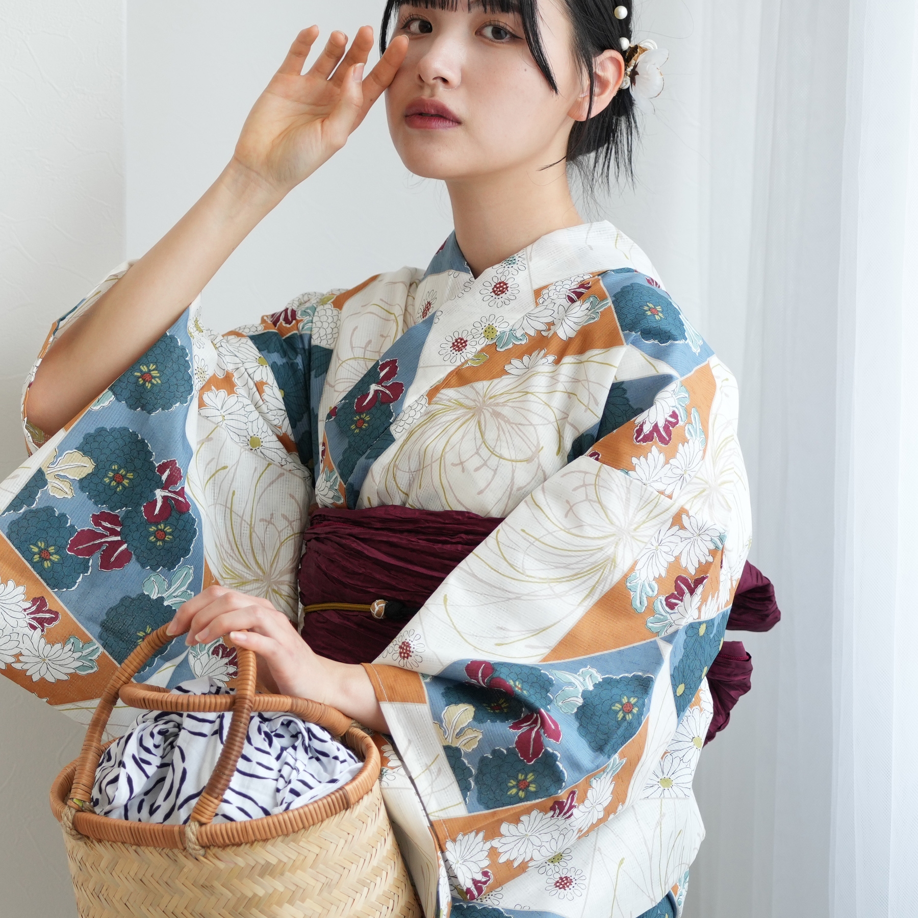 ひよこ商店 高級変わり織 浴衣3点セット クリームに揺れるえんじの花 浴衣 レディース セット ひよこ商店 高級変わり織 浴衣3点セット