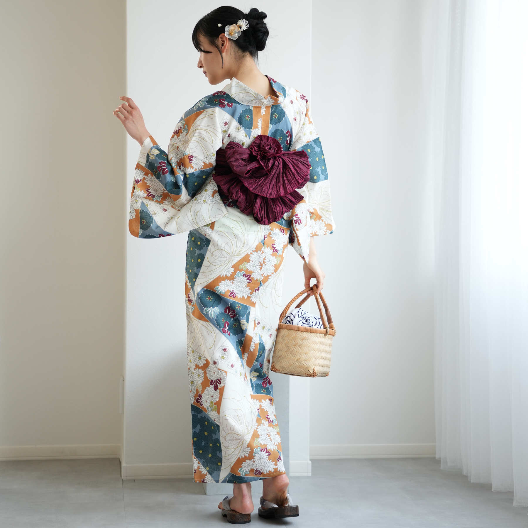 ひよこ商店 高級変わり織 浴衣3点セット クリームに揺れるえんじの花 浴衣 レディース セット ひよこ商店 高級変わり織 浴衣3点セット