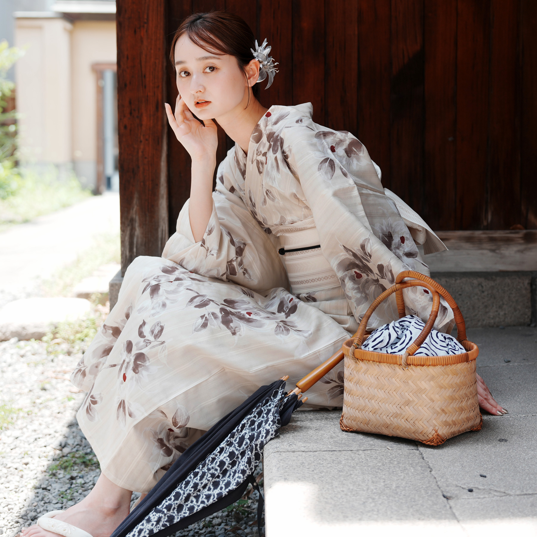 ［utatane×Acka.］浴衣3set 山茶花 完売商品‼️本日限り‼️ utatane×Acka.］山茶花 beige 浴衣3set ○ : 浴衣通販 utatane