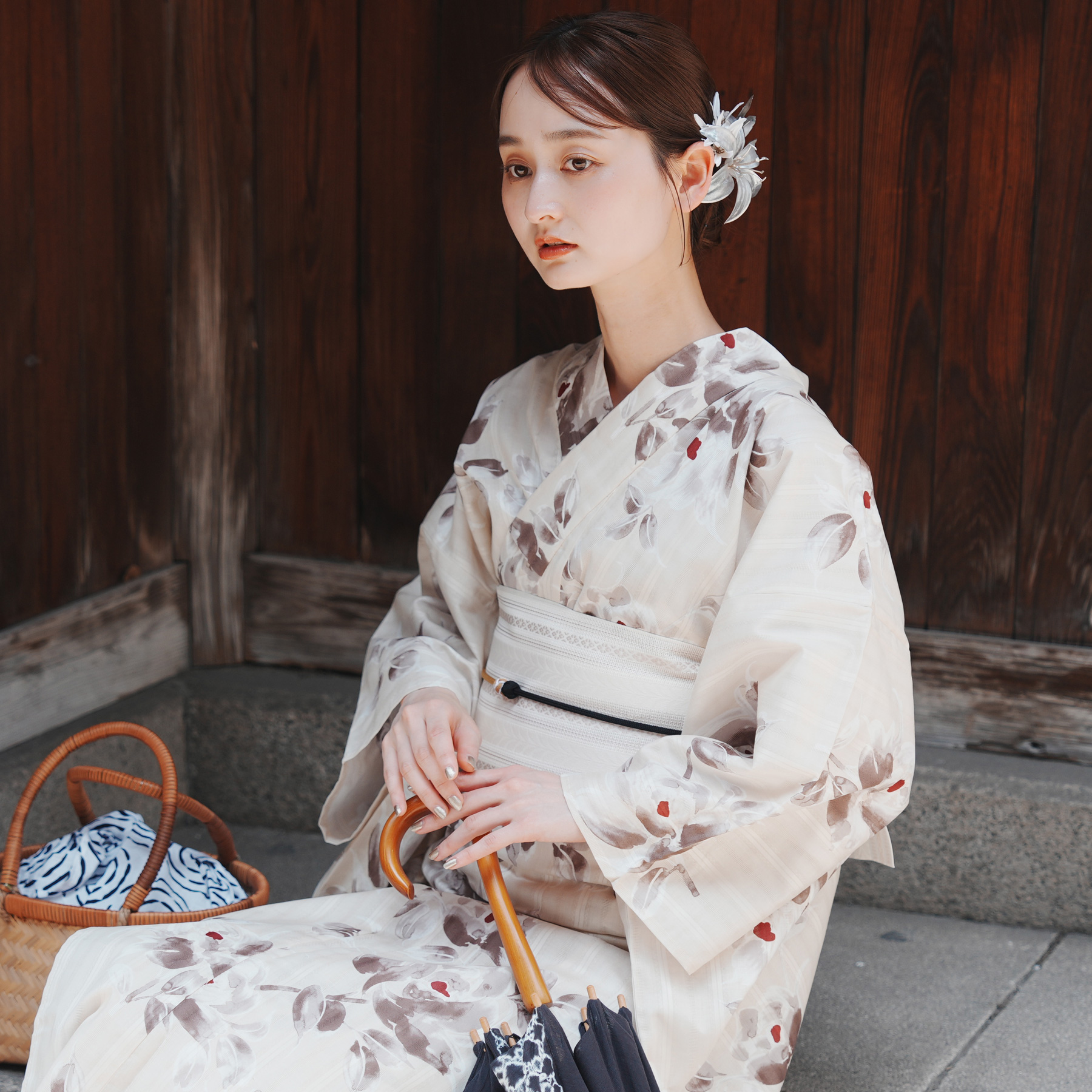 ［utatane×Acka.］浴衣3set 山茶花 完売商品‼️本日限り‼️ utatane｜[utatane*Acka.]山茶花 white(lame)浴衣3set | Rakuten