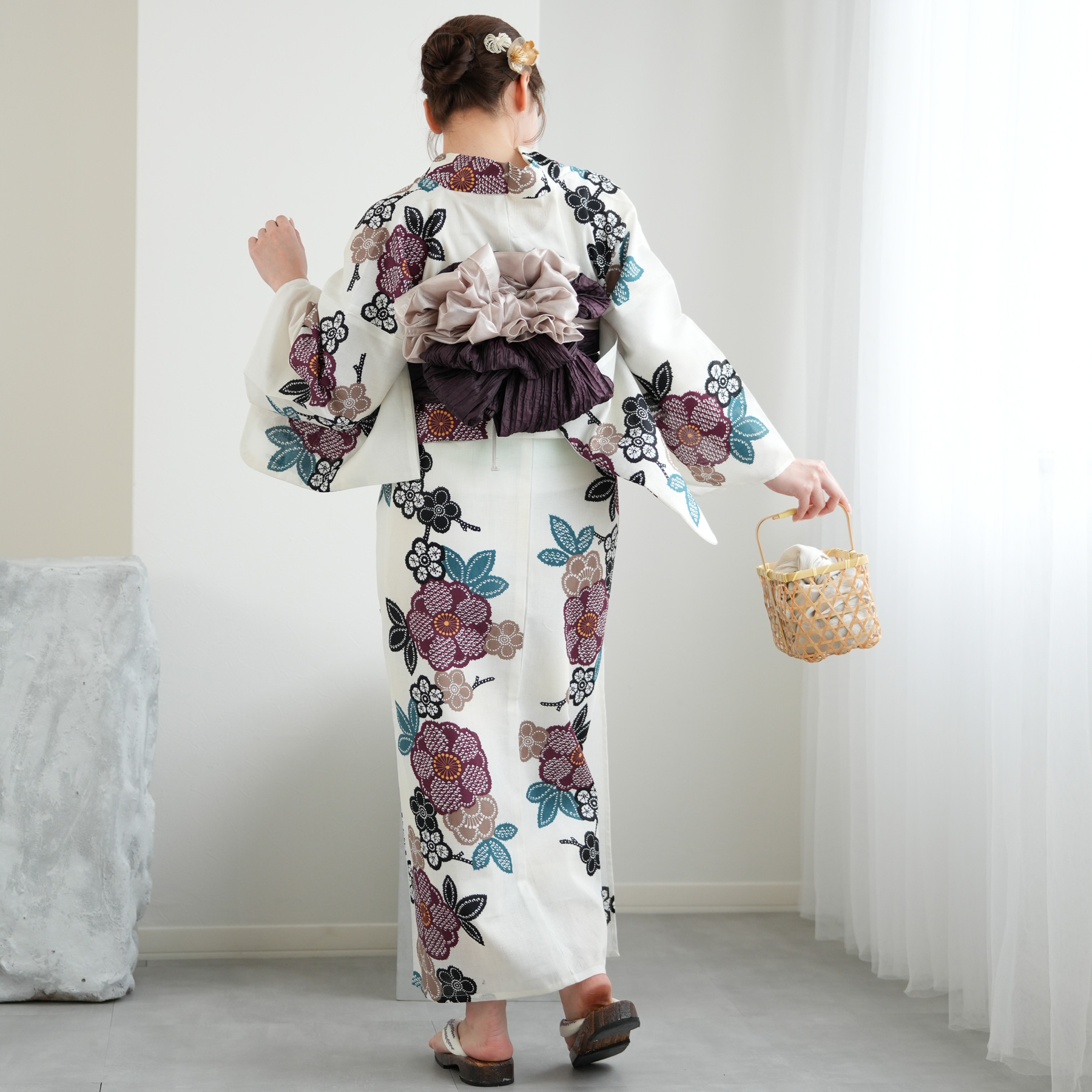 浴衣　utatane utatane｜utatane*注染工房 浴衣3点セット 濃紫の藤御所車