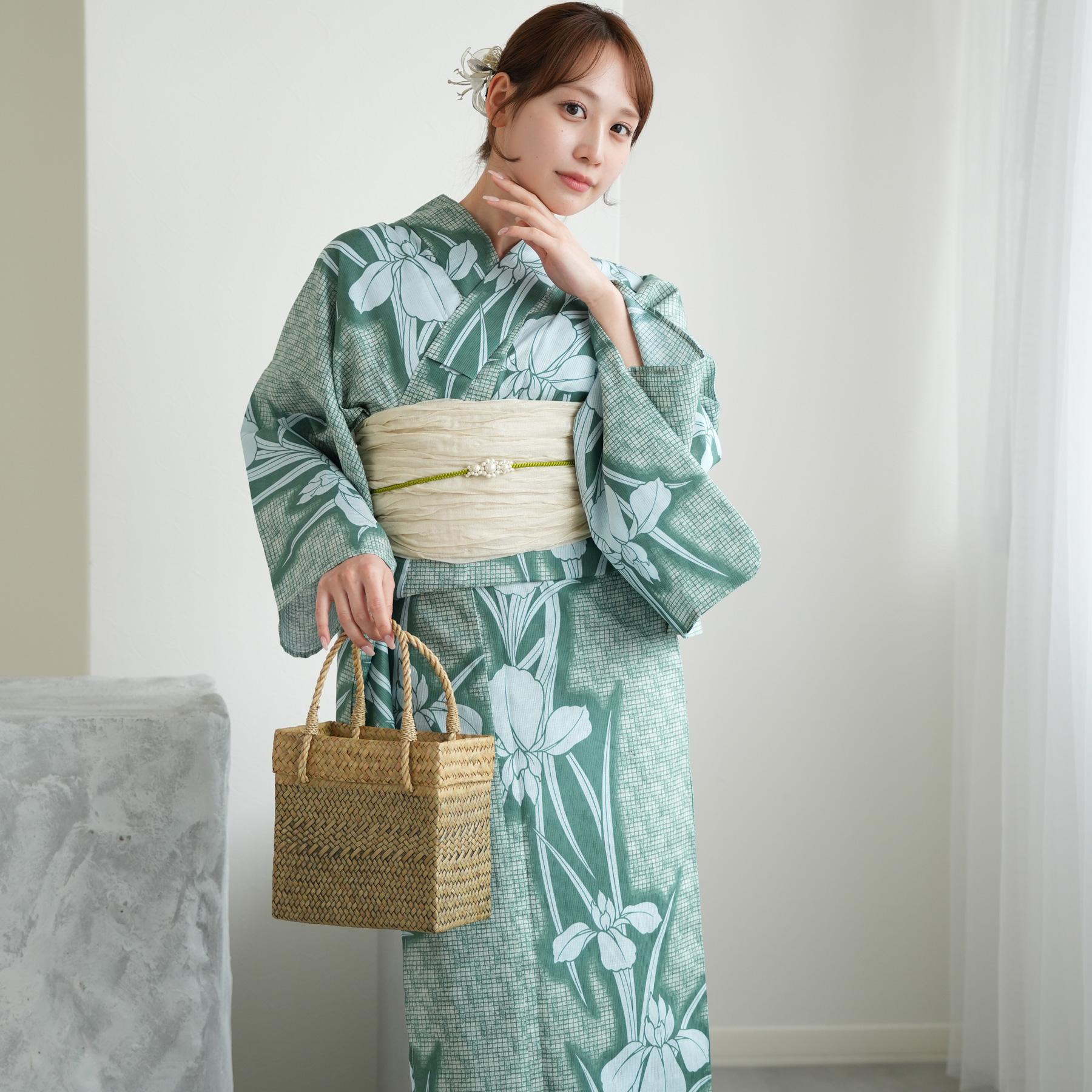 maru × utatane 浴衣3点セット (浴衣/帯/下駄) ほぐし麻の葉と