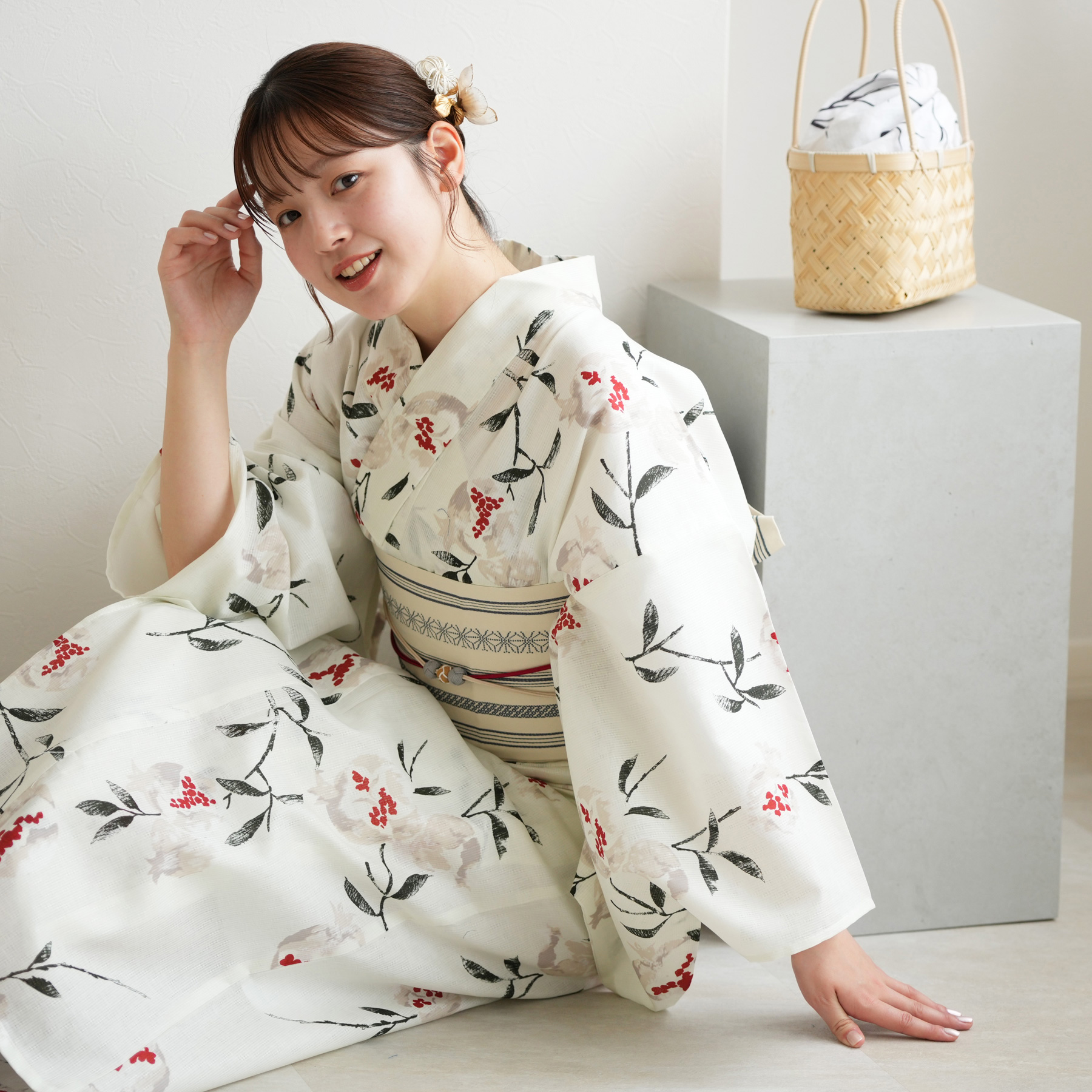 maru×utatane 浴衣3点セット ほぐし麻の葉としだれ藤 マスタード maru × utatane 浴衣3点セット (浴衣/帯/下駄) ほぐし麻の葉と